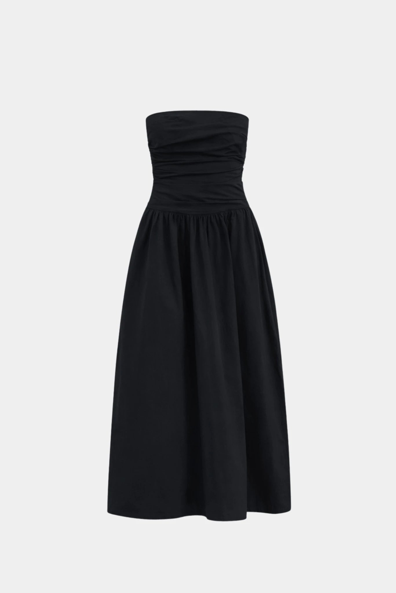 Vestido Midi Drapeado Maya MR preto tomara que caia com busto drapeado e saia ampla