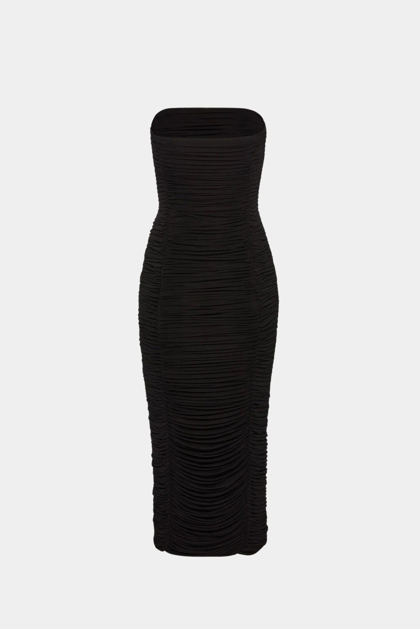 Vestido midi preto sem alças com drapeado horizontal e modelagem acinturada