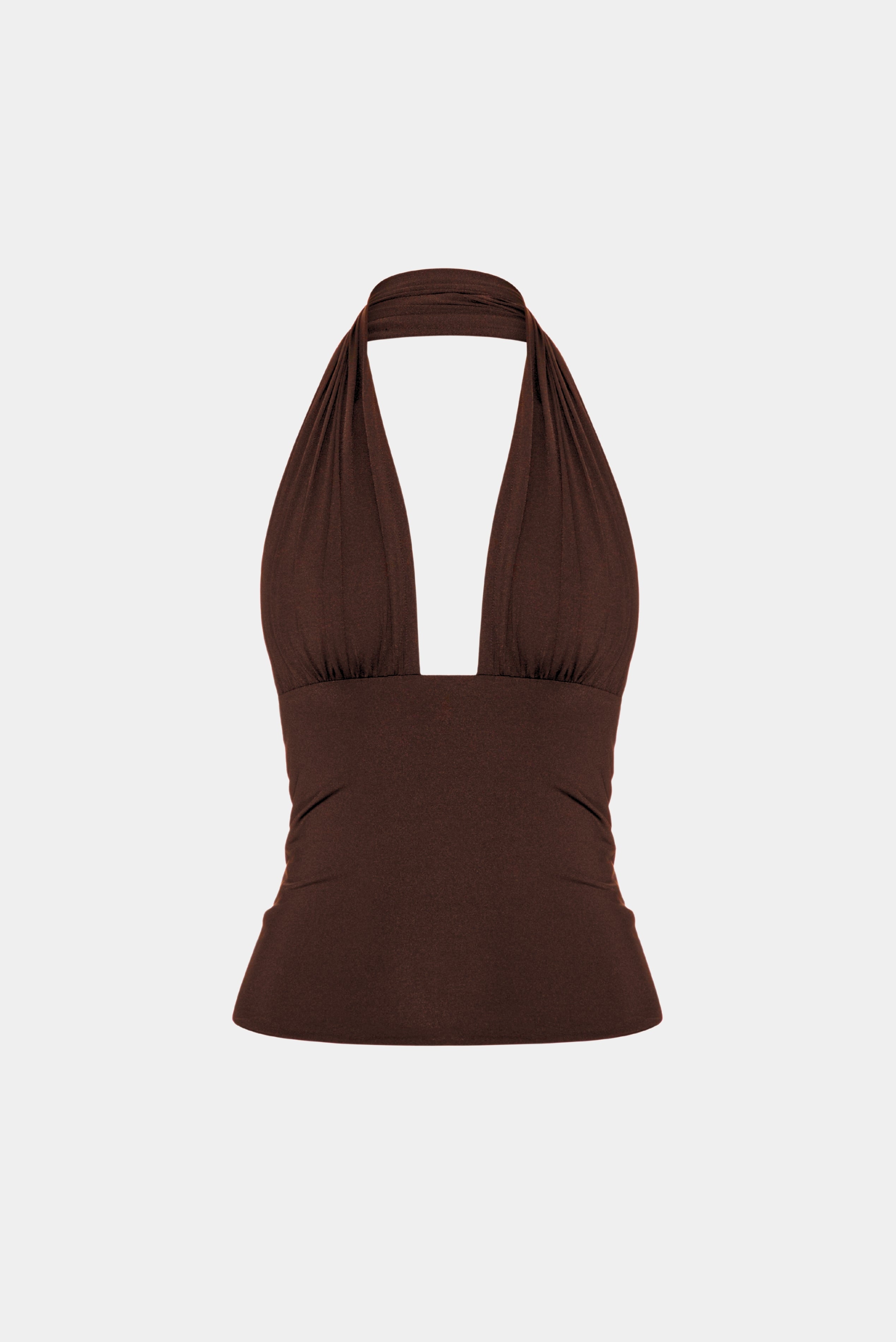Top Fluity Iara MR marrom com decote halter profundo e caimento ajustado ao corpo