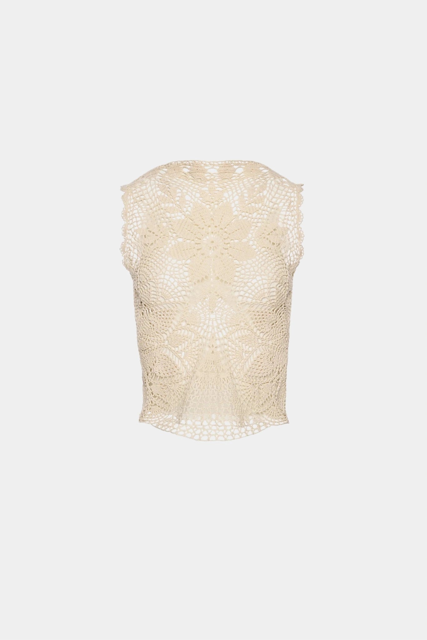 Top de crochet bege da Magda Butrym com padrão floral vazado e modelagem sem mangas