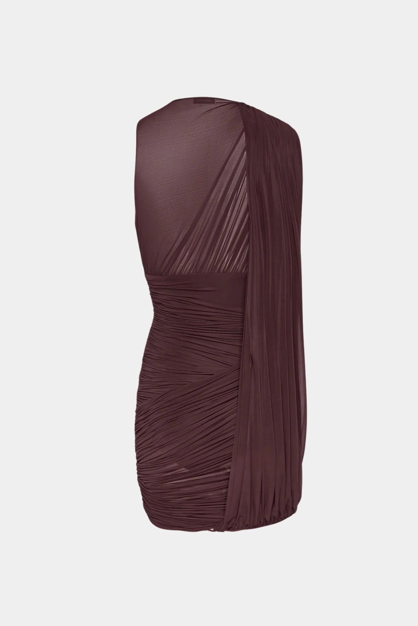 Costas de vestido mini vinho drapeado com manga longa única e recorte assimétrico