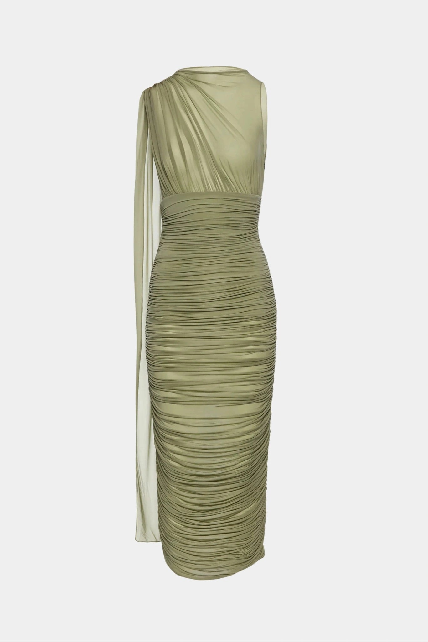 Vestido midi verde sálvia da Magda Butrym com drapeado ajustado, gola alta e detalhe fluido lateral