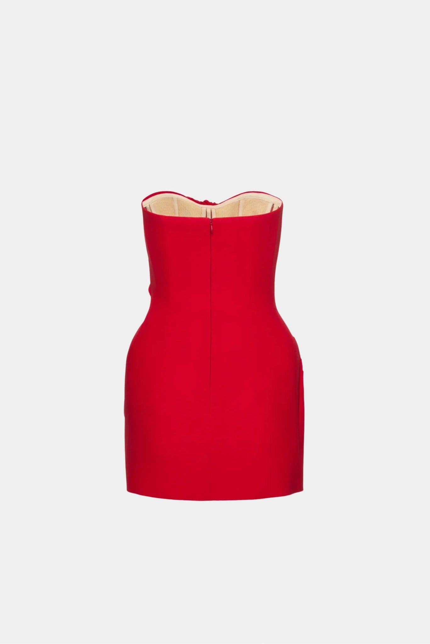 Costas de vestido mini vermelho tomara que caia com corset estruturado