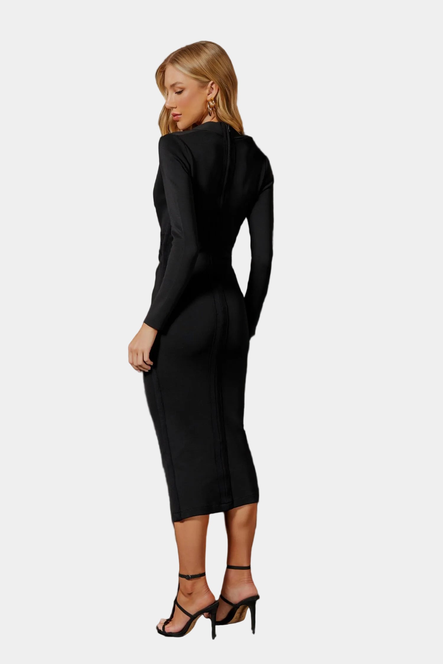 Costas do Vestido Malu Fabulous preto com mangas longas e fechamento por zíper