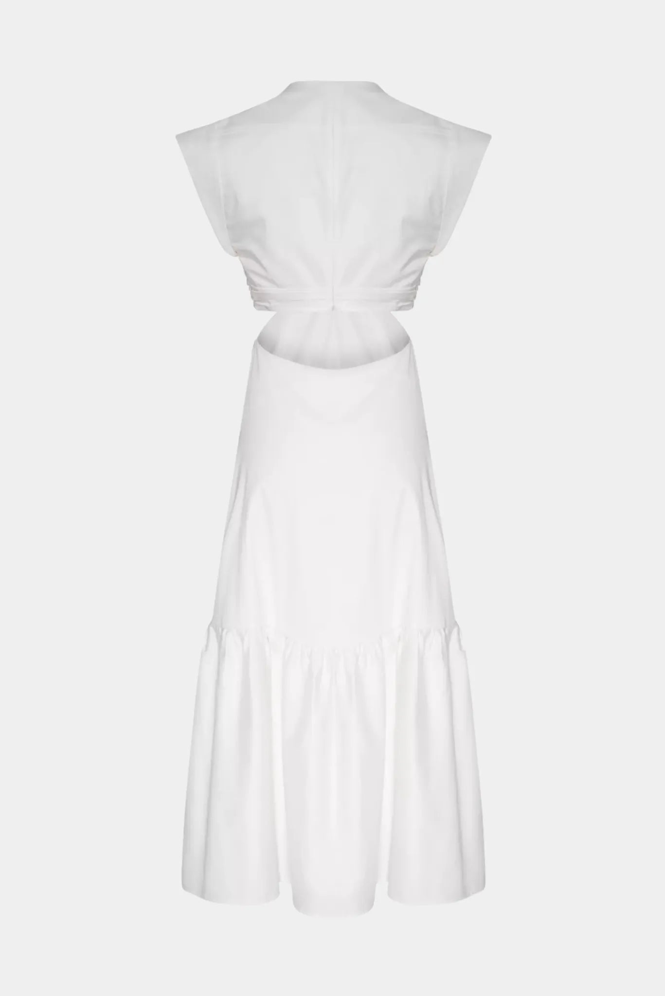 Vestido Longo Vicky Gaia branco com abertura nas costas e saia longa com babado