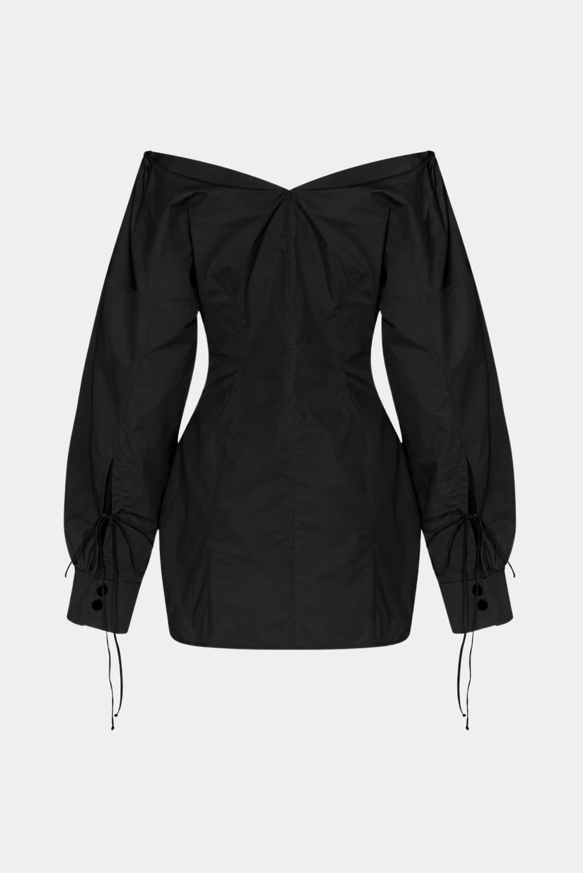 Vestido Curto Nili MR preto visto de costas com decote ombro a ombro e cintura marcada