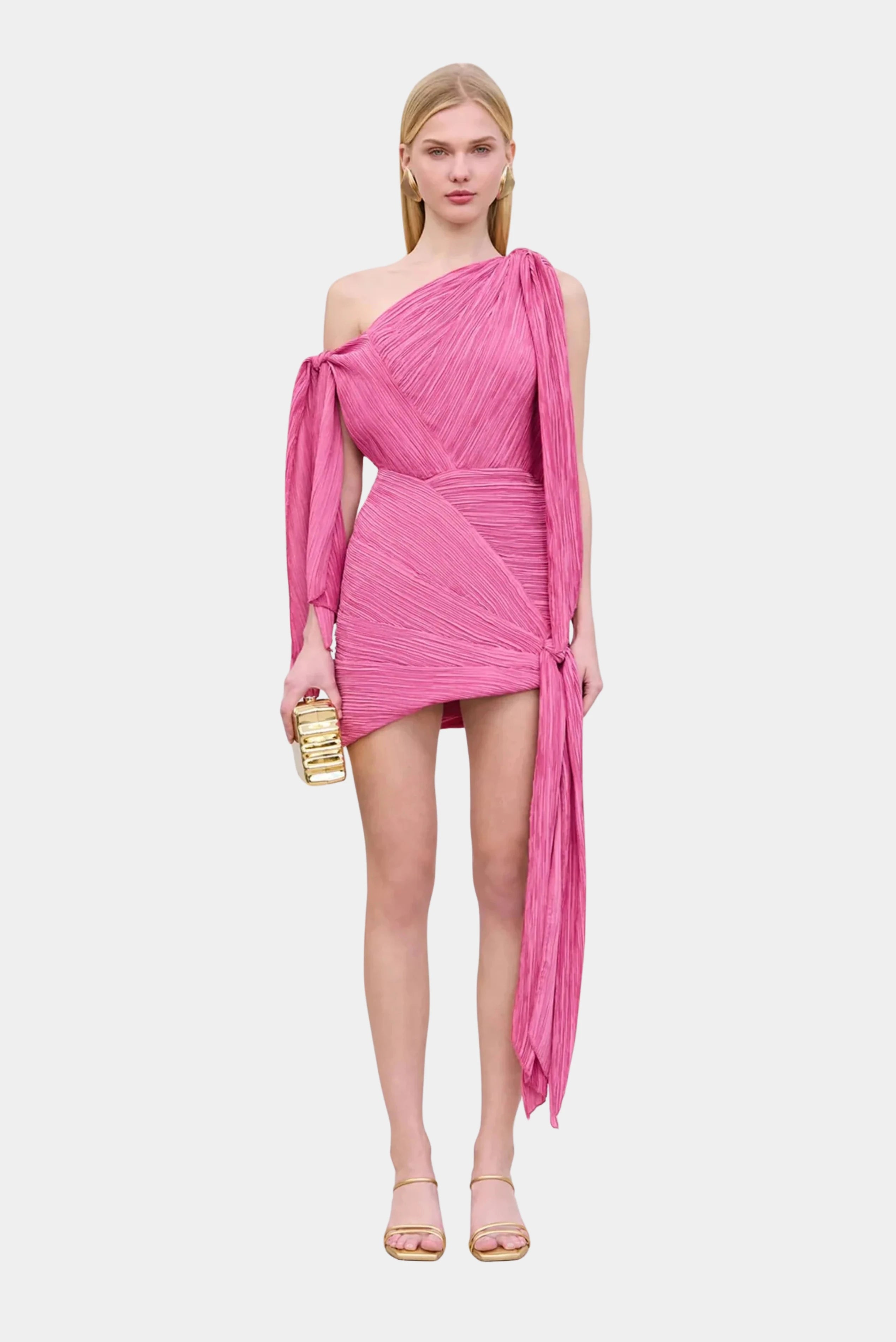 Vestido mini rosa Cult Gaia de um ombro só com tecido plissado e faixas longas