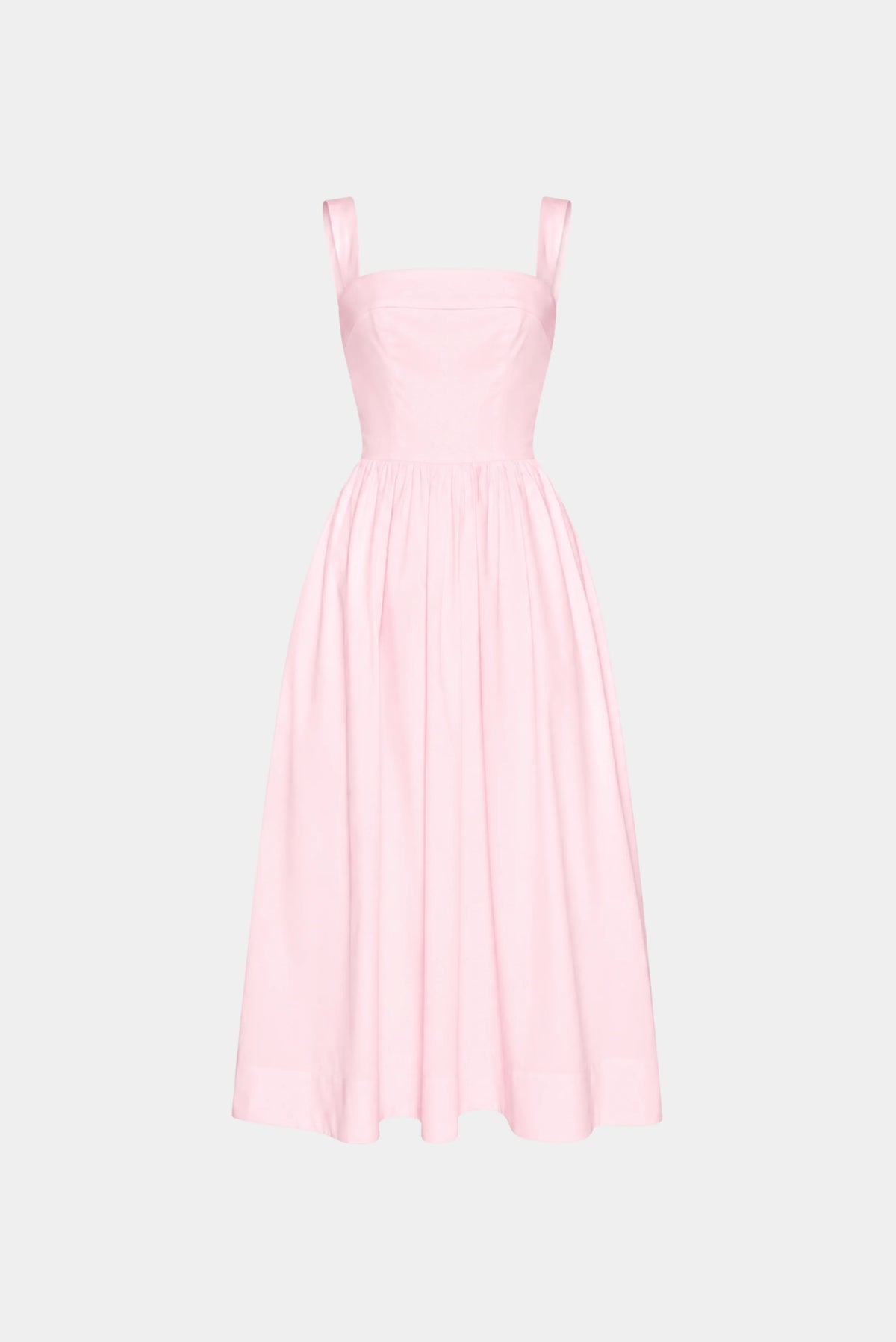 Vestido midi Antonieta Gaia rosa claro com decote reto, alças largas e saia evasê