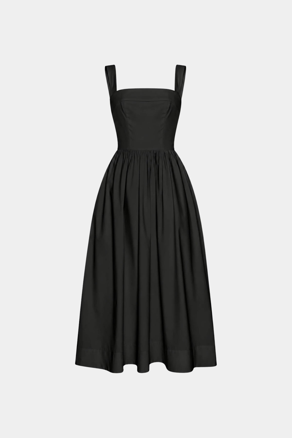 Vestido midi Antonieta Gaia preto com decote reto, alças largas e saia evasê