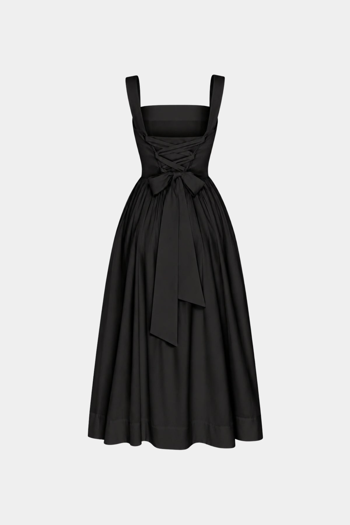 Costas do vestido midi Antonieta Gaia preto com amarração cruzada e laço