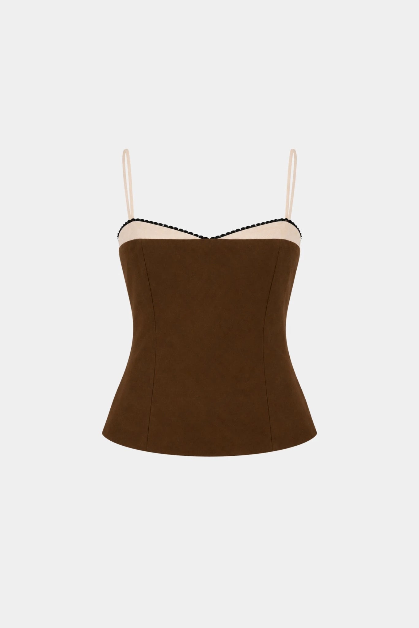 Top Sarja Khloe MR marrom com modelagem ajustada e detalhe contrastante claro
