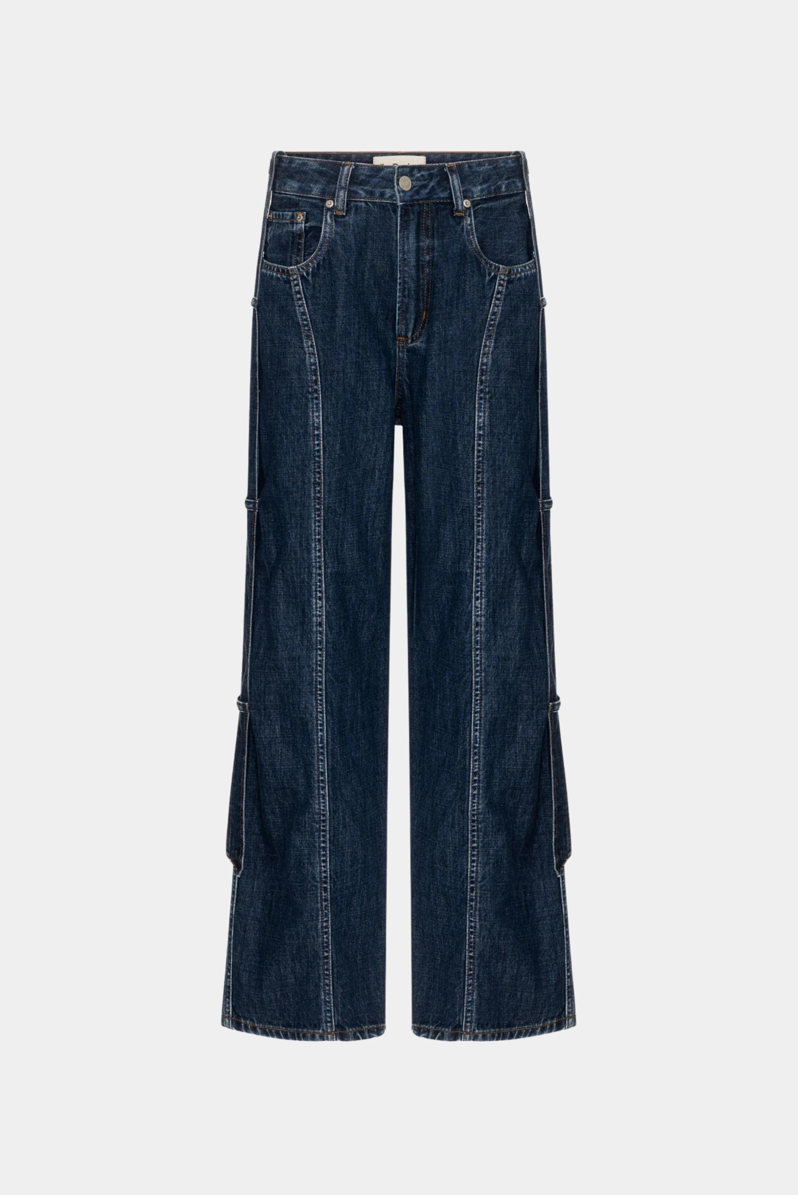 Calça jeans baggy azul escuro com cintura alta e recortes laterais aplicados