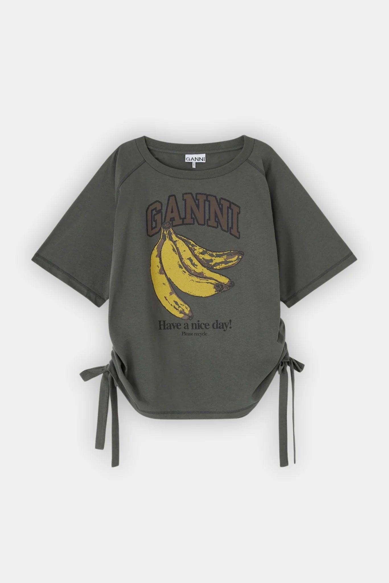 Camiseta Ganni oversized verde oliva com estampa de bananas e amarrações laterais