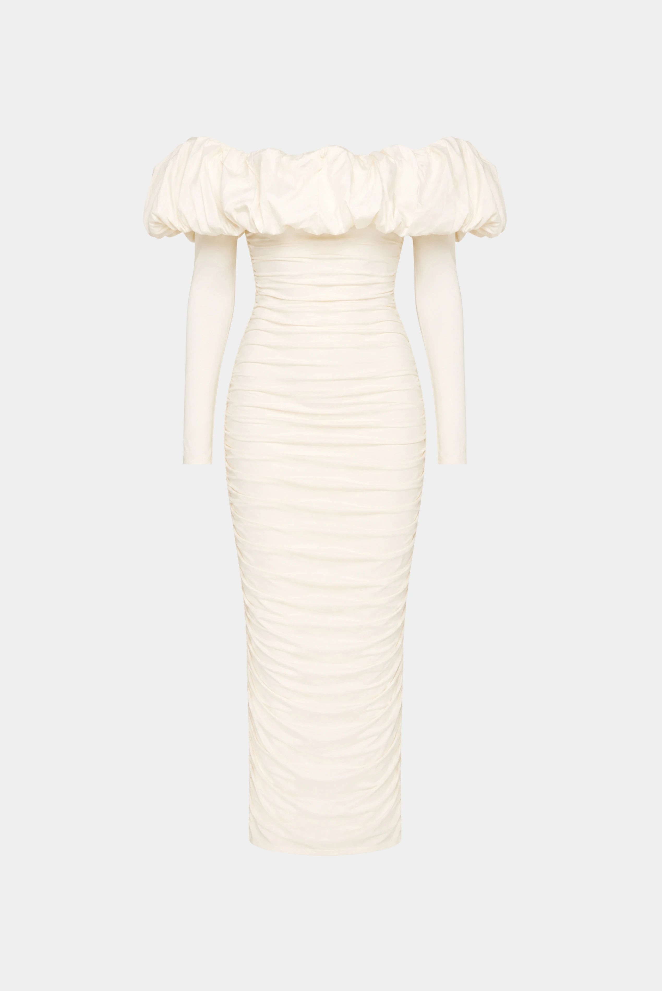 Vestido midi off-white ombro a ombro com mangas longas, drapeado e decote franzido