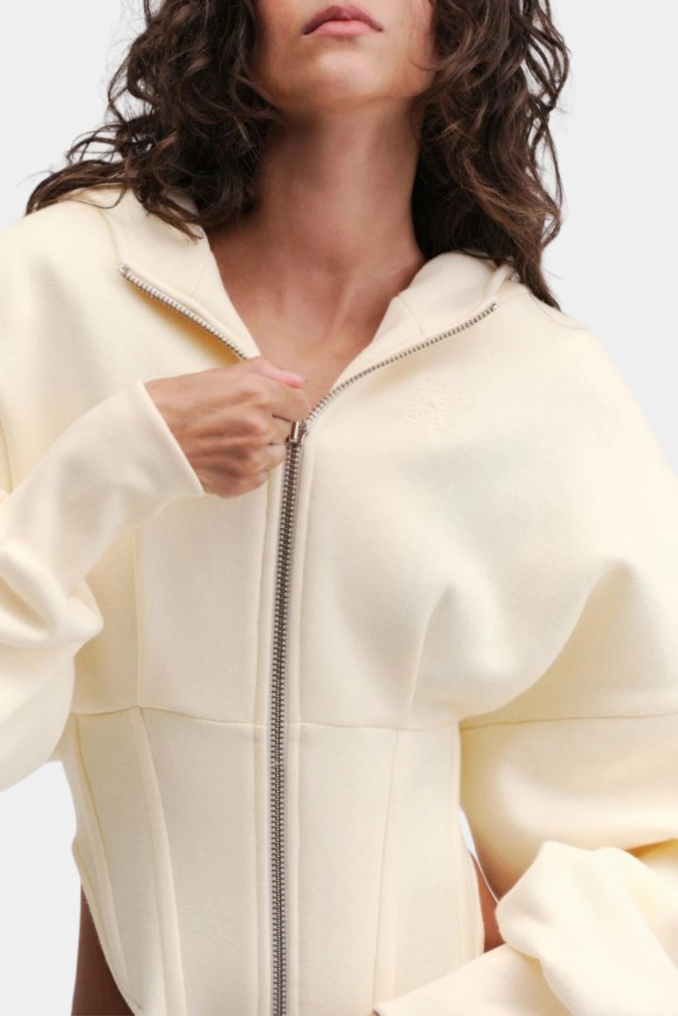 Moletom Corset Francesca off-white com zíper frontal e recortes estruturados