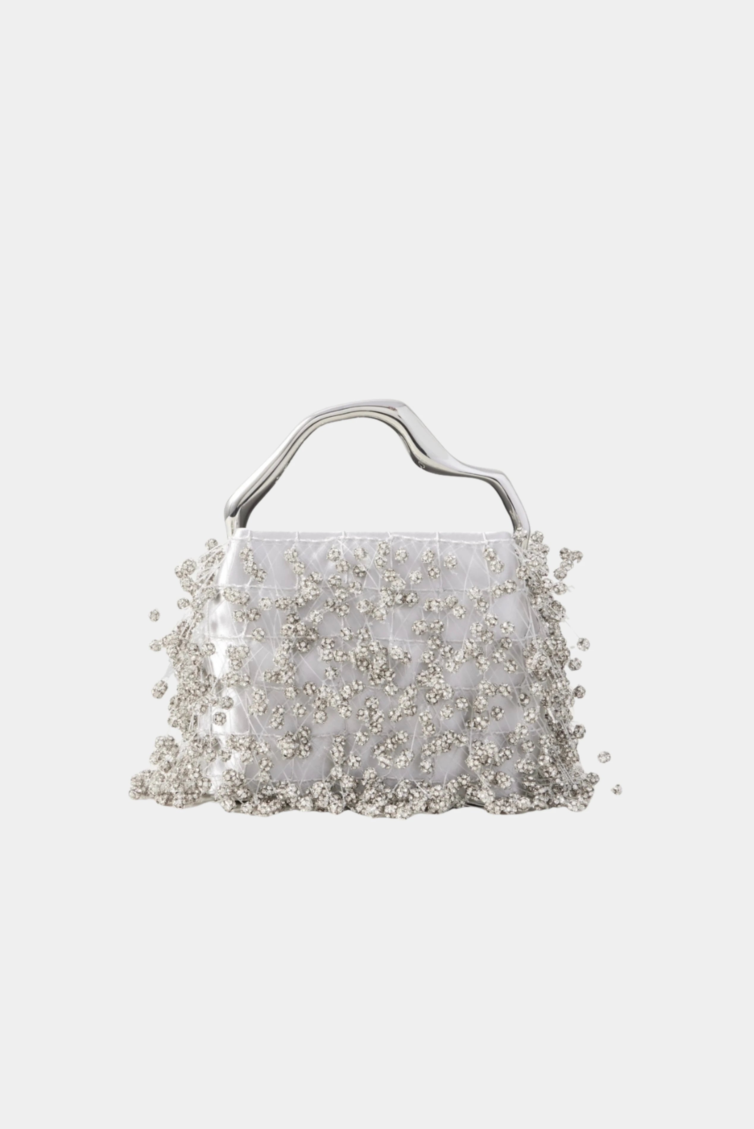 Bolsa Mini Solene Cult Gaia prateada com aplicações de cristais e alça metálica