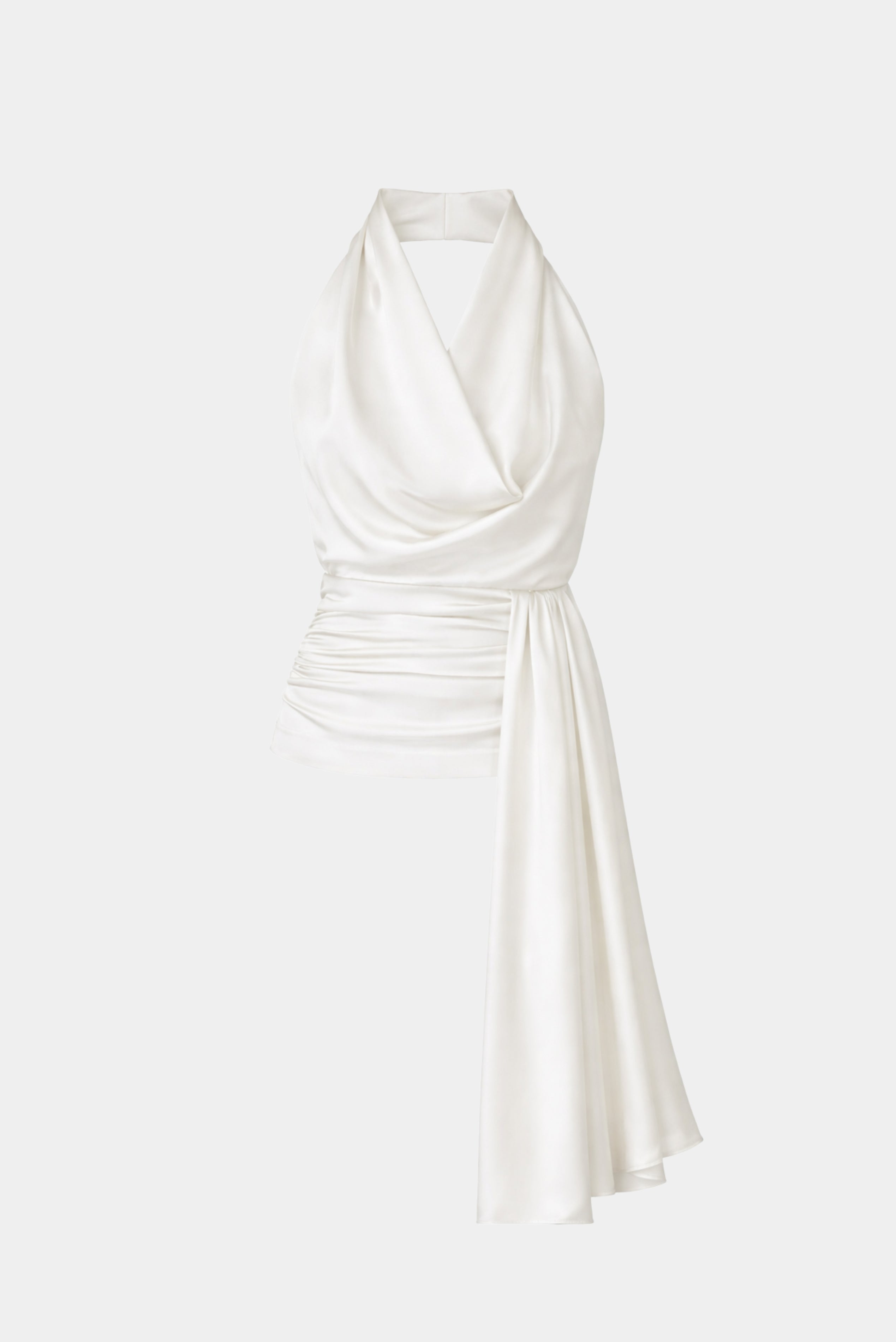 Blusa Naomi Fabulous off white com gola halter, decote degagê e faixa lateral longa