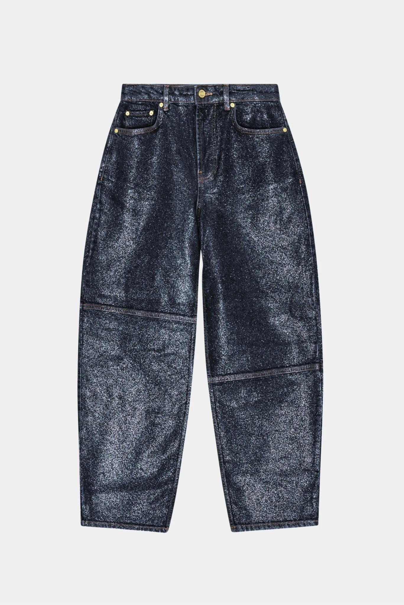 Calça jeans Ganni azul escuro com brilho metalizado e modelagem ampla