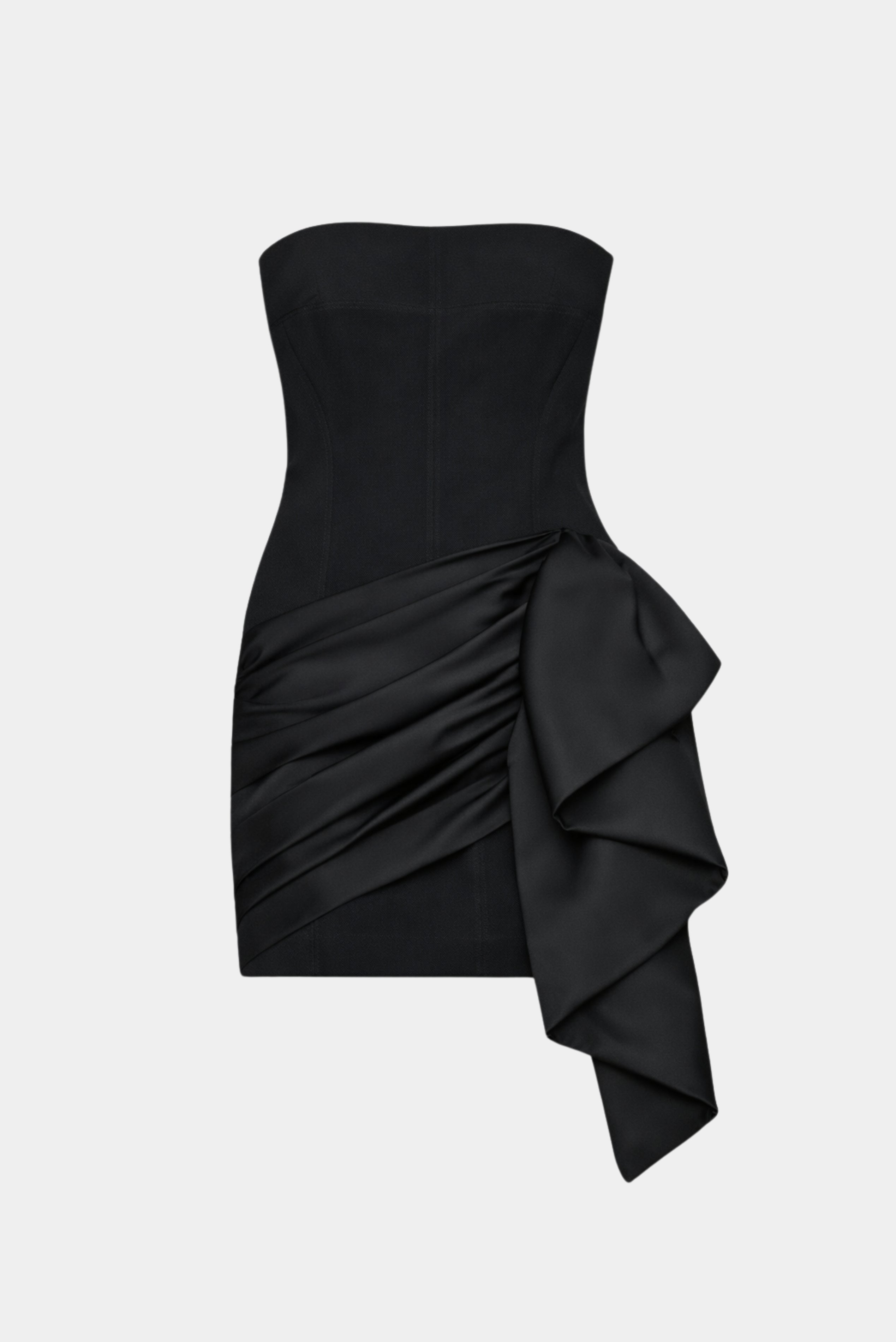 Vestido curto Paola Drapeado Fabulous preto tomara que caia com drapeado lateral e laço estruturado