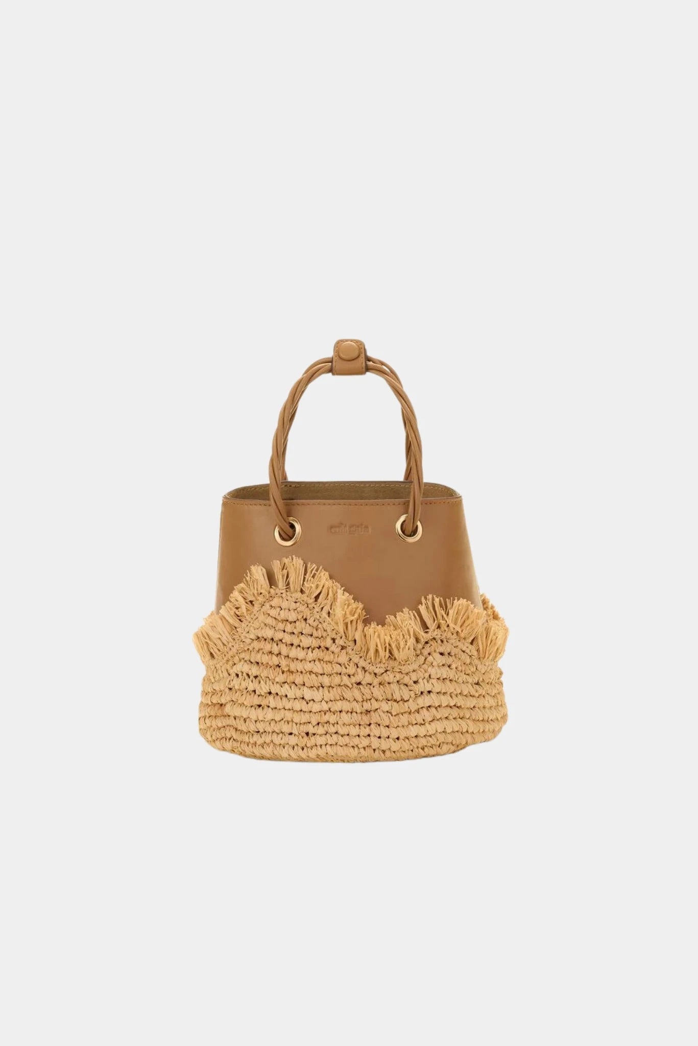 Bolsa bucket Jojo Cult Gaia em ráfia natural com acabamento marrom e alças trançadas