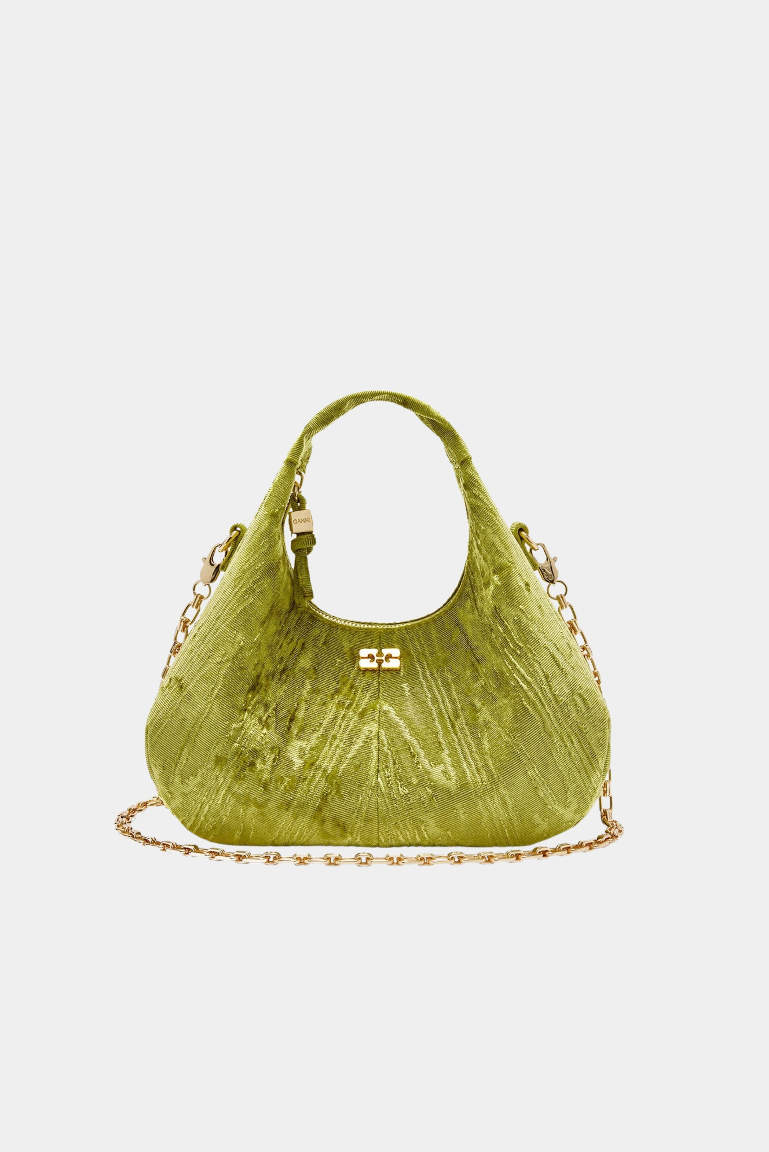 Bolsa Hobo Mini verde em veludo moiré com ferragens douradas Ganni