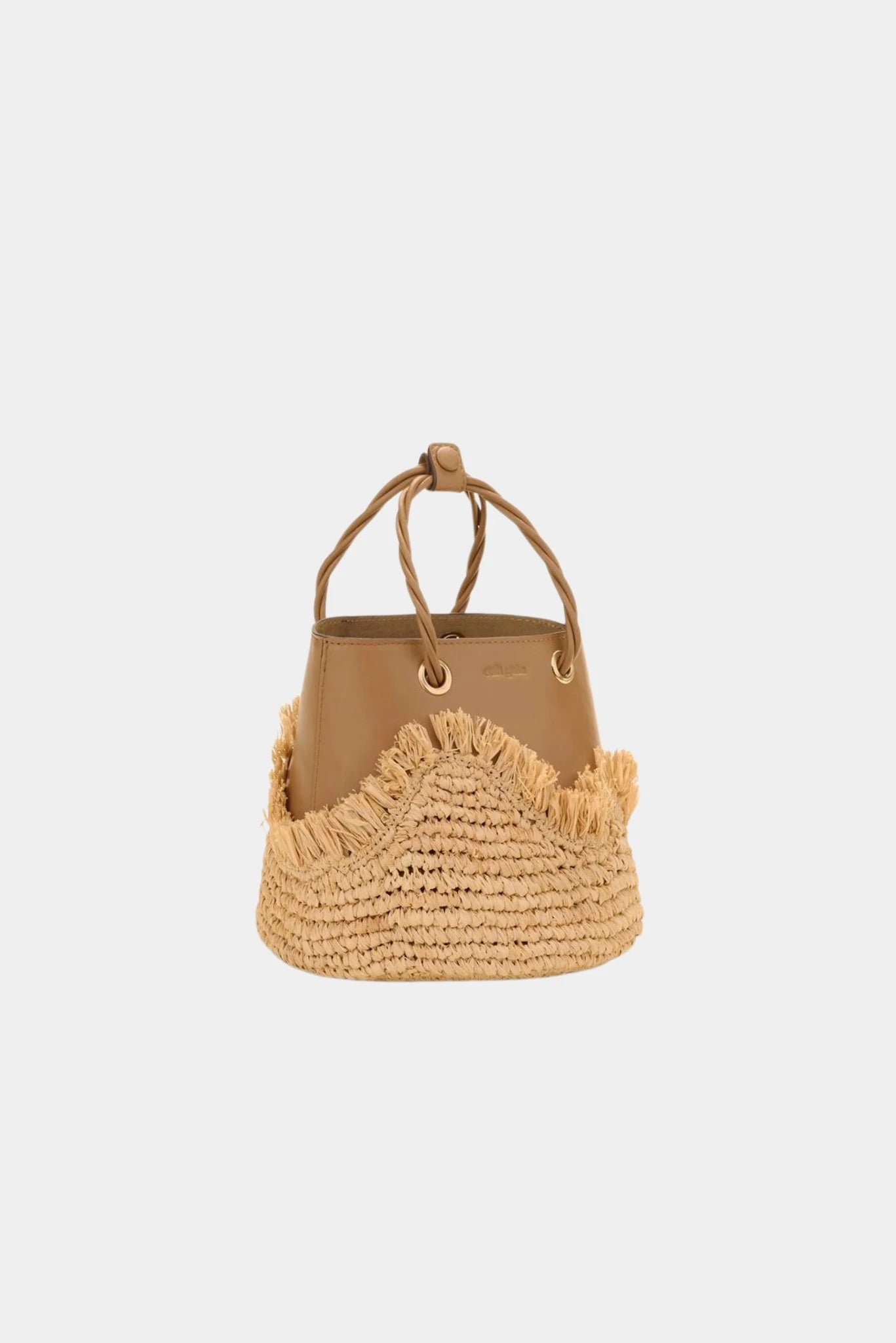 Bolsa Jojo Cult Gaia em ráfia bege com bordas desfiadas e estrutura bucket