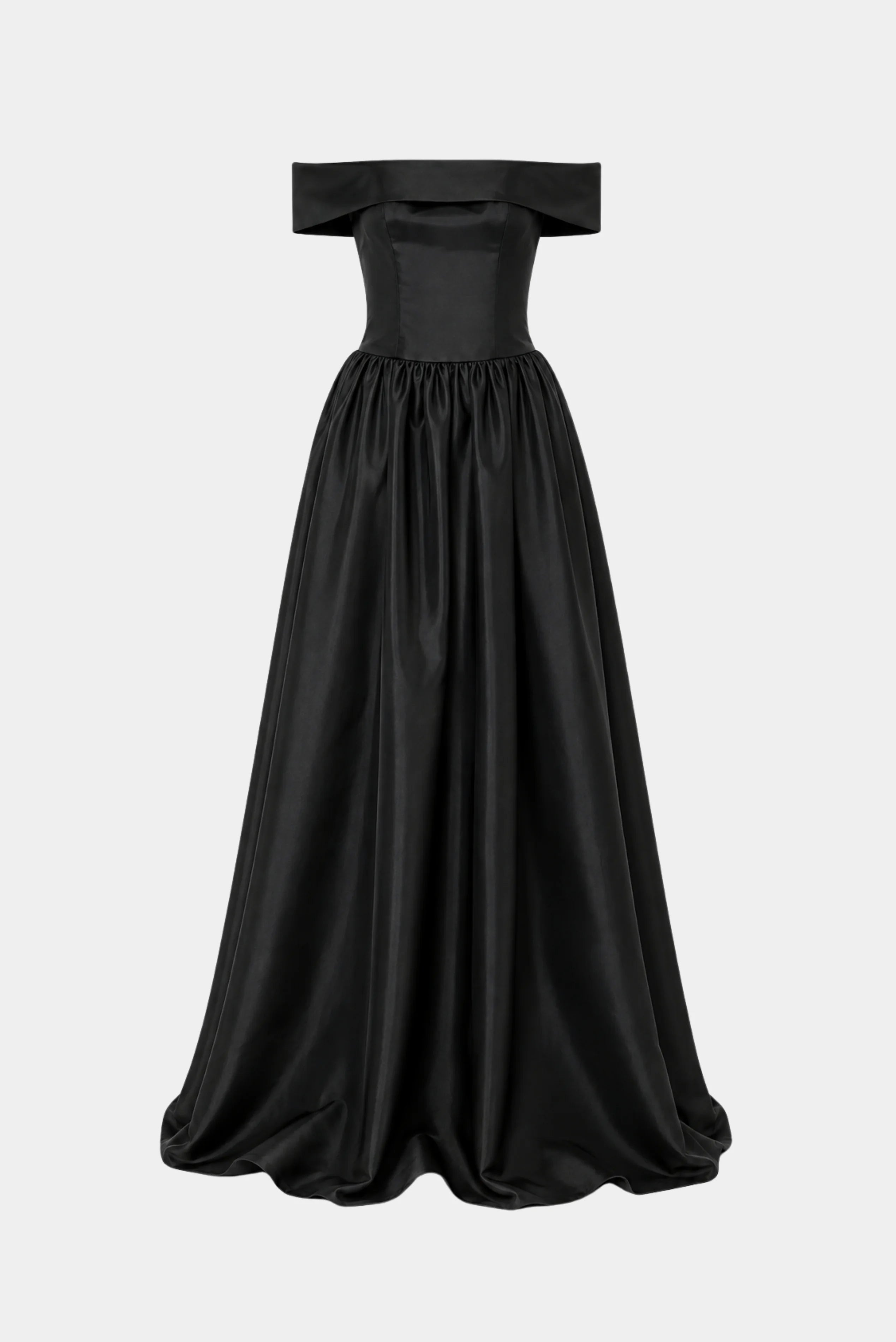Vestido longo preto em tafetá com decote ombro a ombro, corpo estruturado e saia ampla Giulia Fabulous