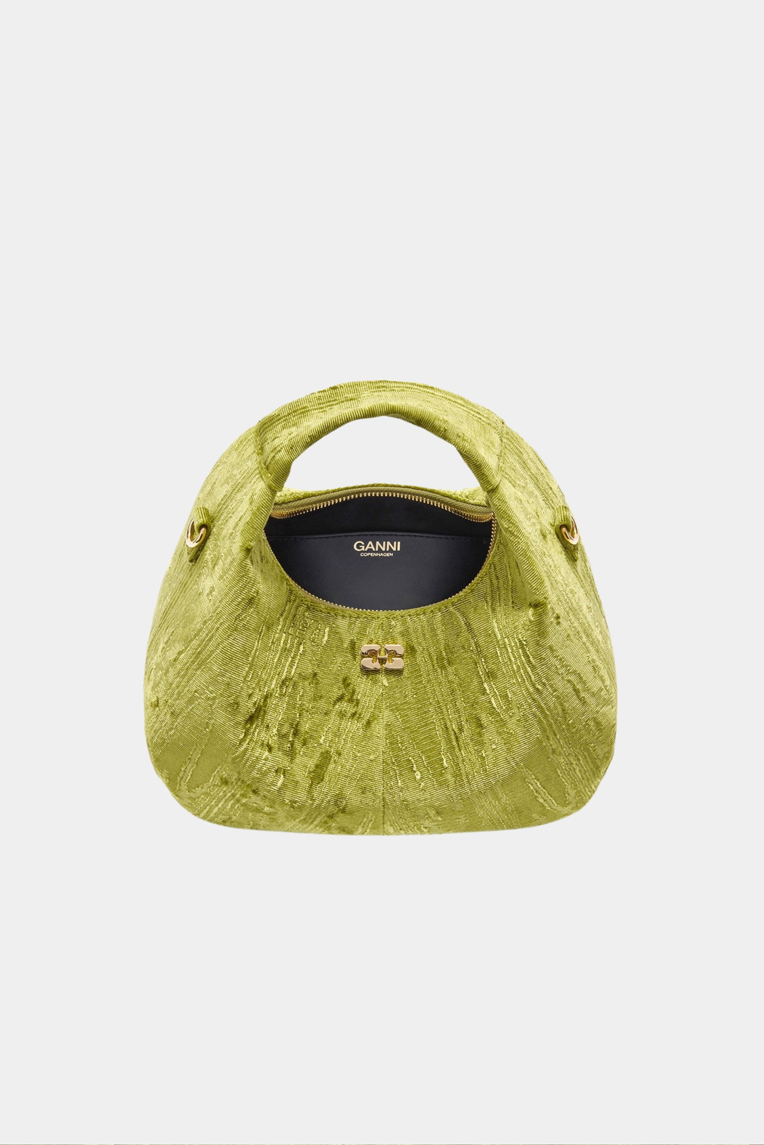 Vista interior  da bolsa Hobo Mini verde em veludo moiré Ganni