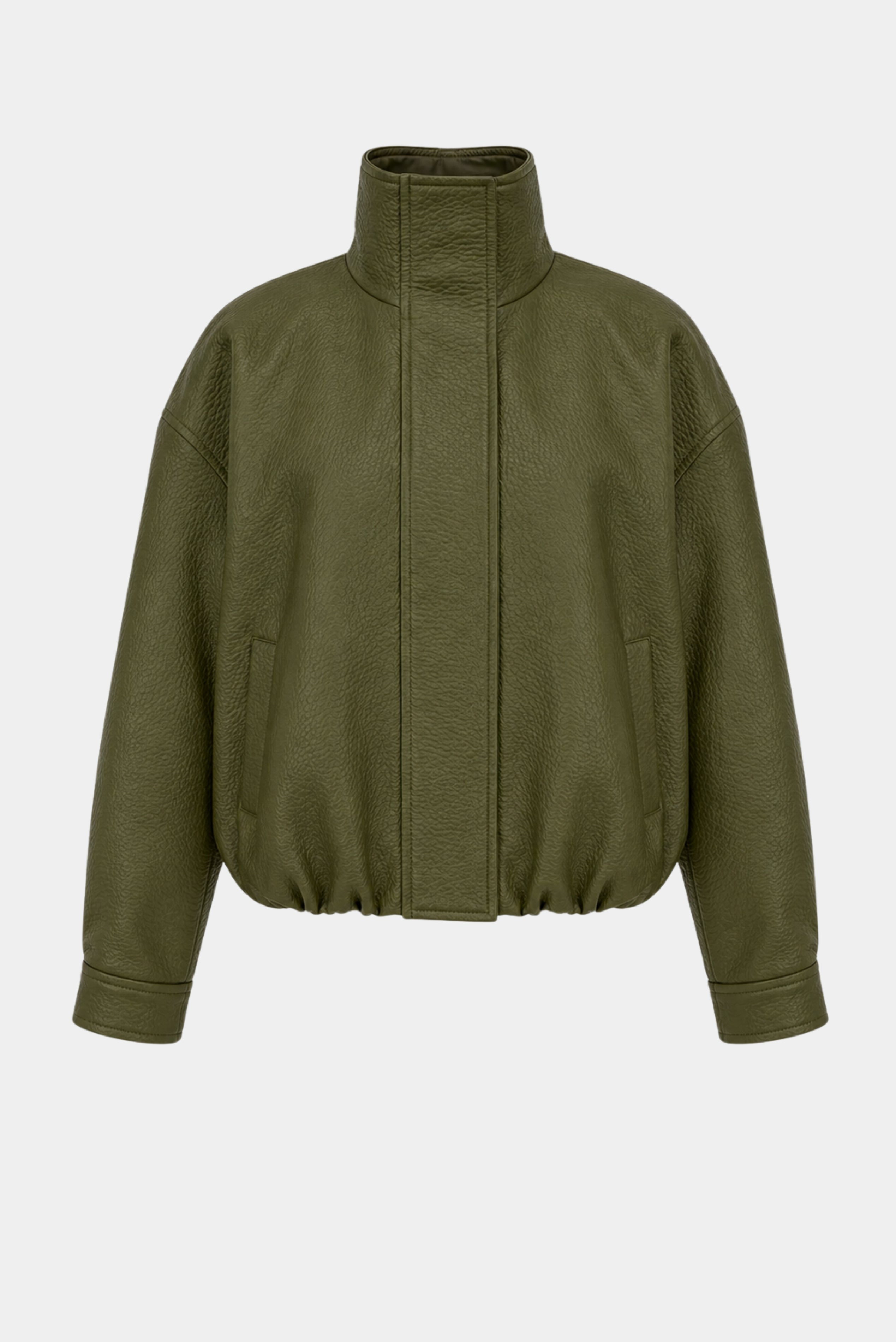 Jaqueta Philo MR em couro verde militar com gola alta, modelagem oversized e bolsos laterais