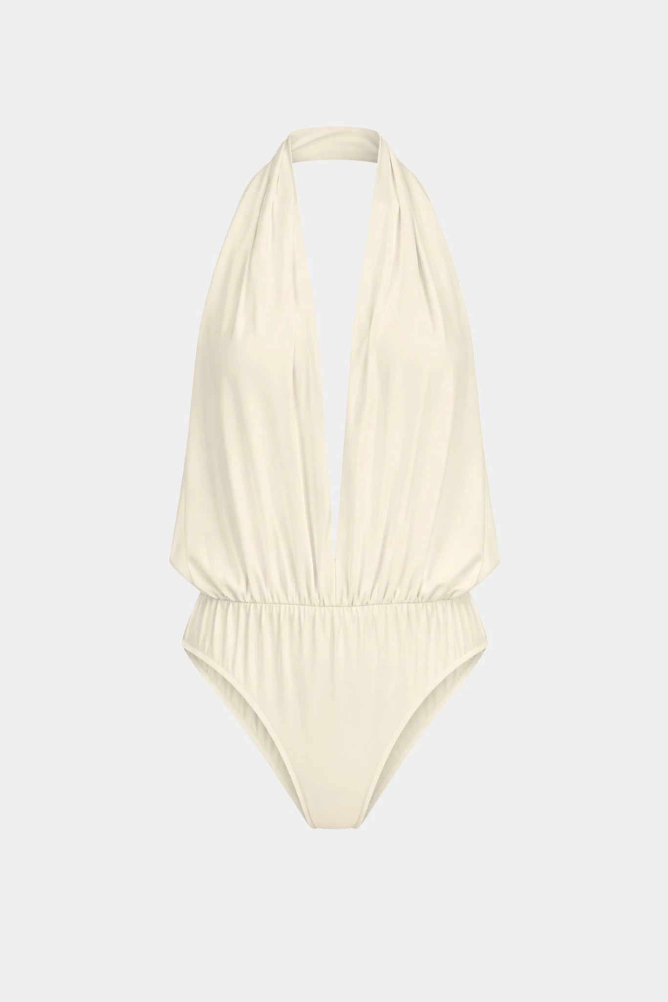 Body Soie Halter Francesca off-white com decote profundo e costas abertas
