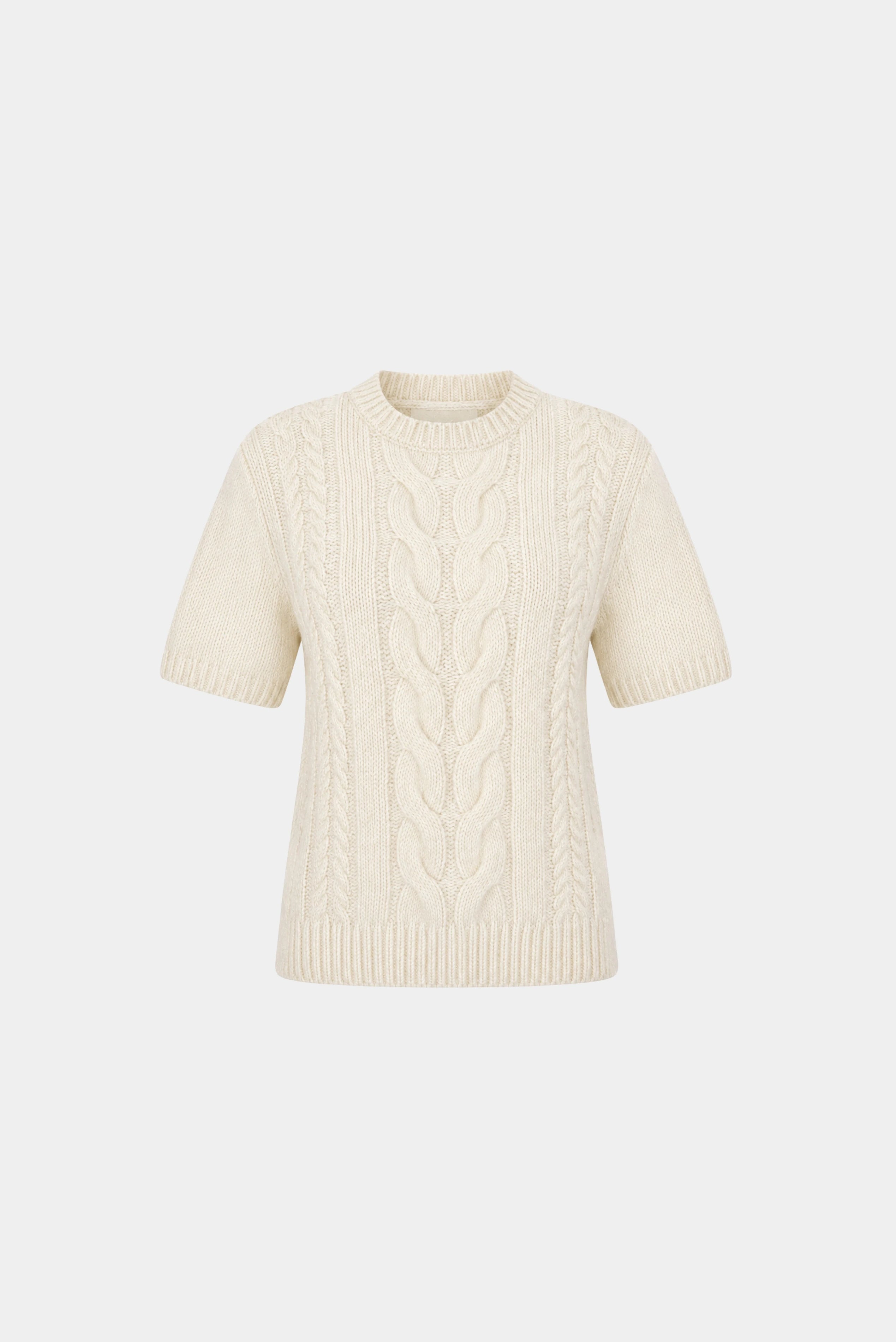 Top Box Gaia em tricot off white com trama trançada e mangas curtas