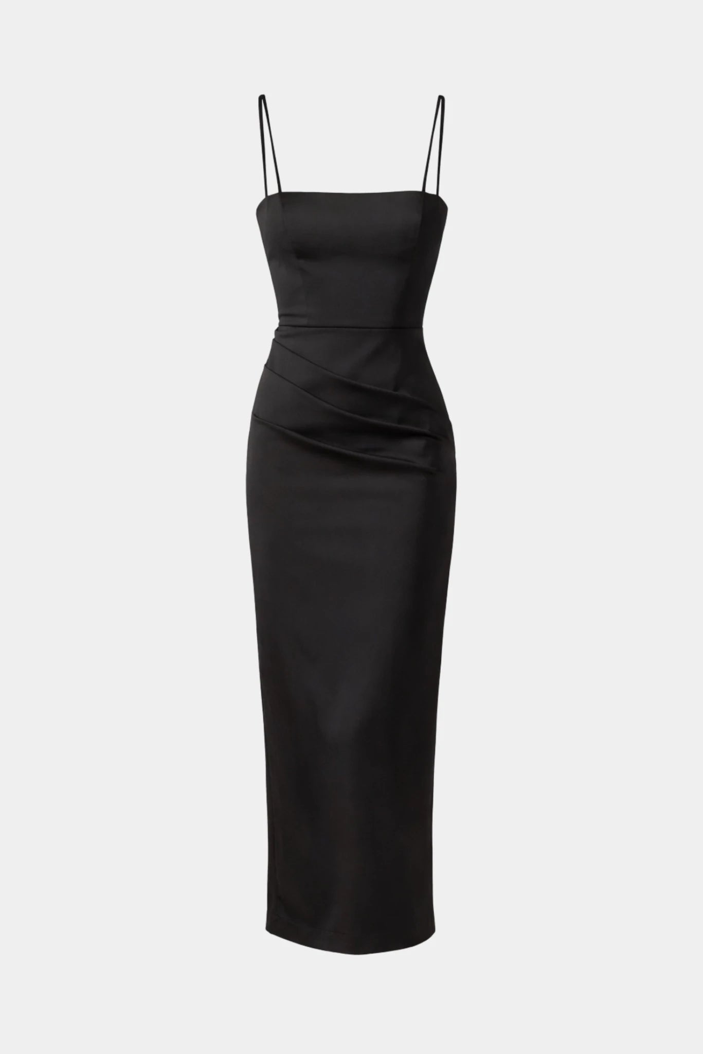 Vestido Midi Hanna Fabulous preto com alças finas e detalhe drapeado na cintura