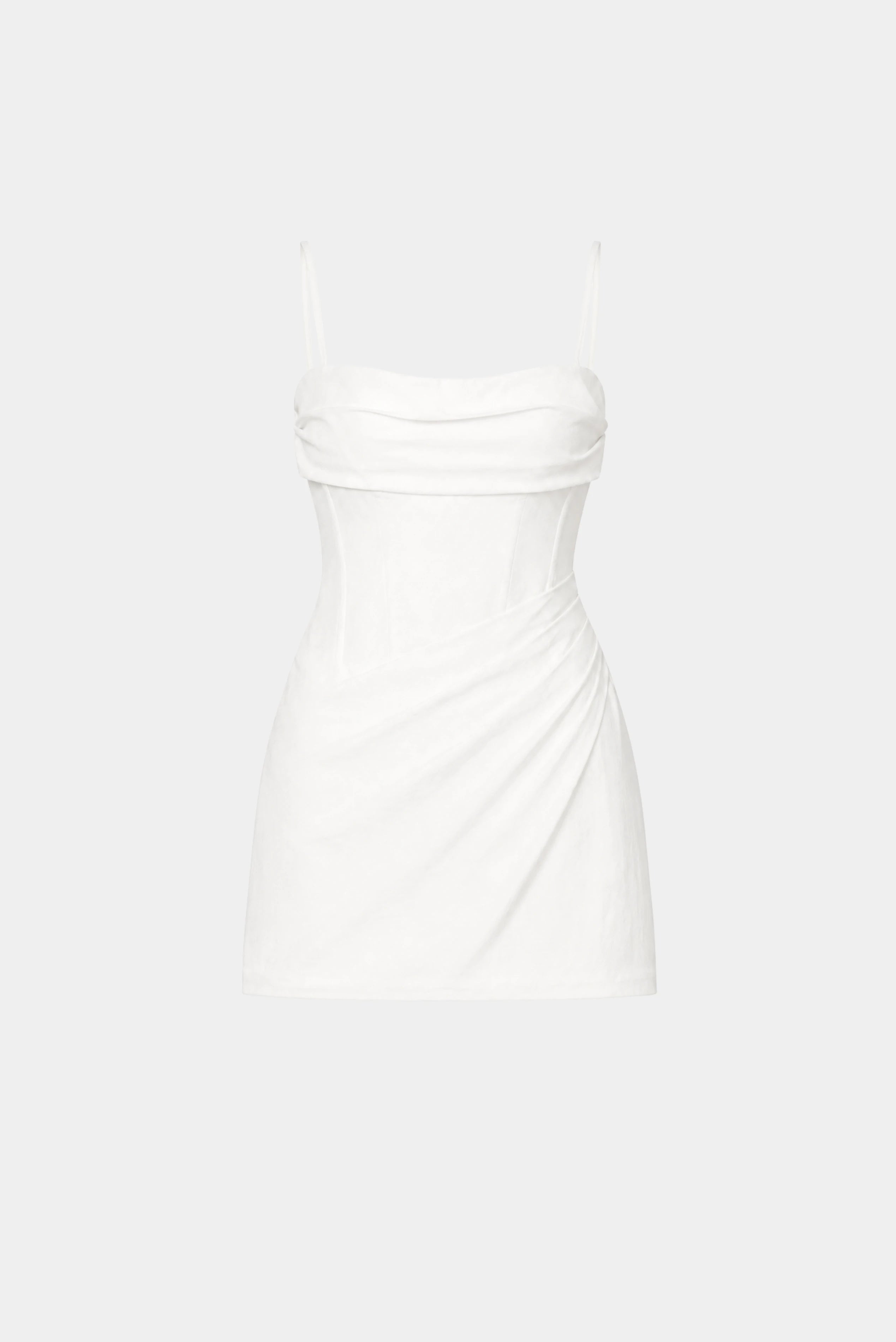 Vestido Curto Gretta Gaia branco com alças finas, drapeado lateral e modelagem ajustada