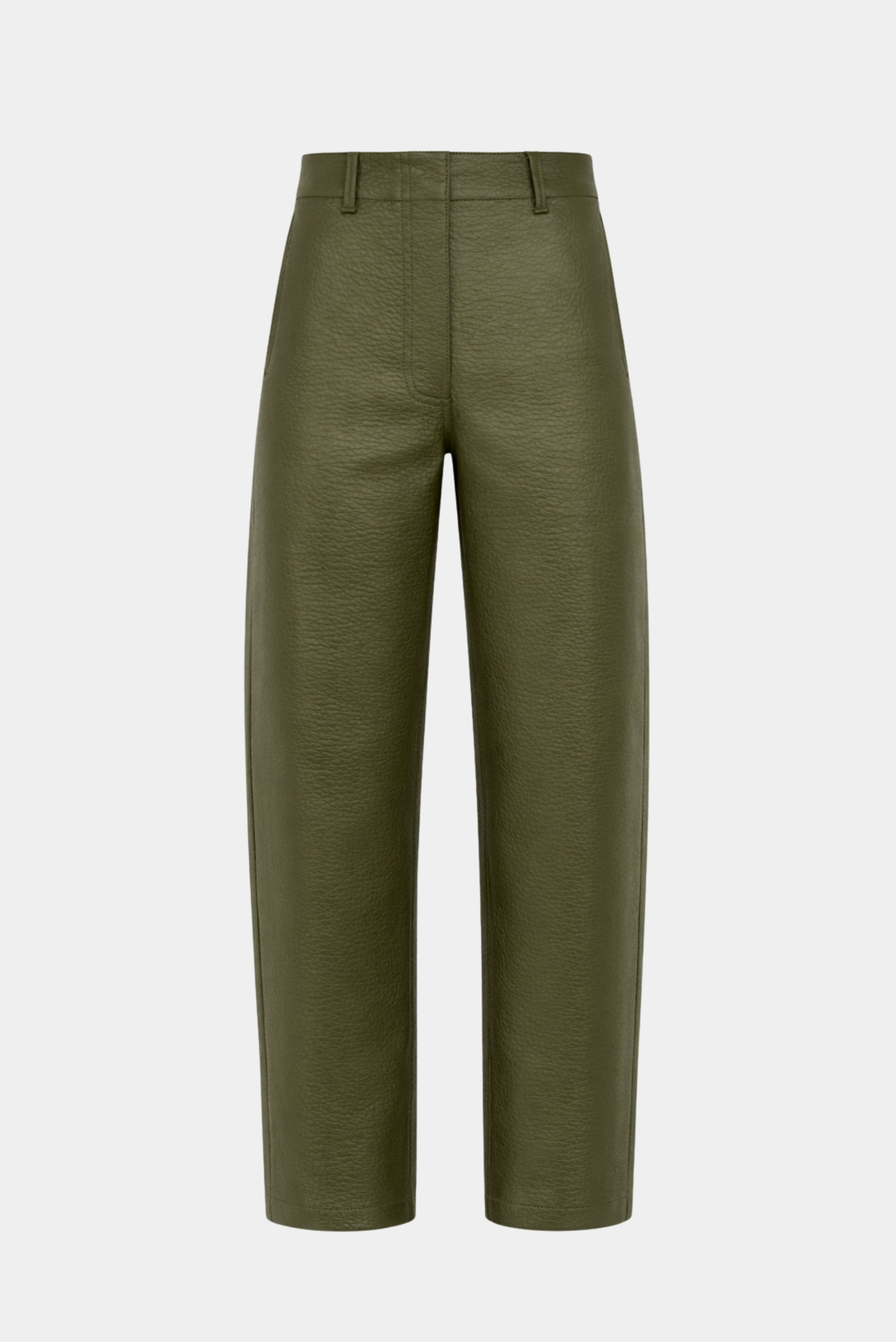 Calça Barrel Couro Philo MR verde com cintura alta, textura marcada e caimento contemporâneo