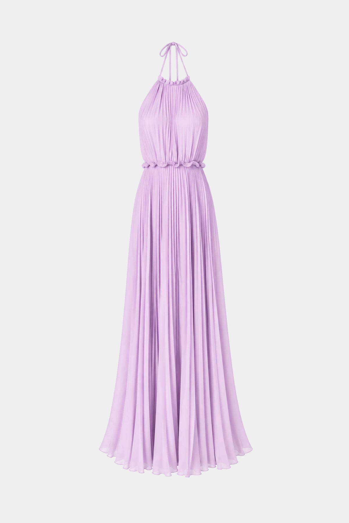 Vestido Fátima Scofield lilás longo plissado com frente única e amarração no pescoço
