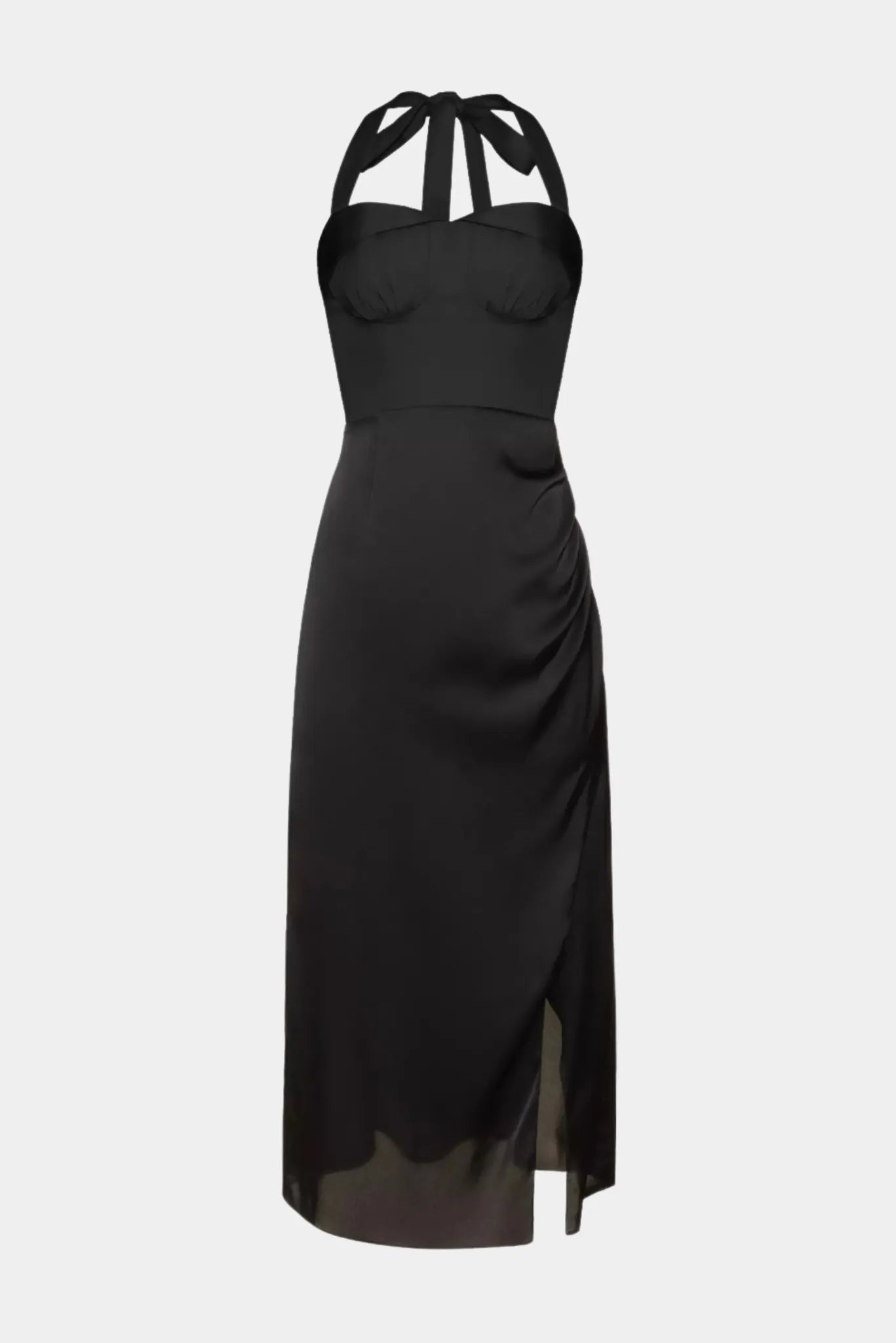 Vestido midi Celine Gaia preto com amarração no pescoço e fenda frontal