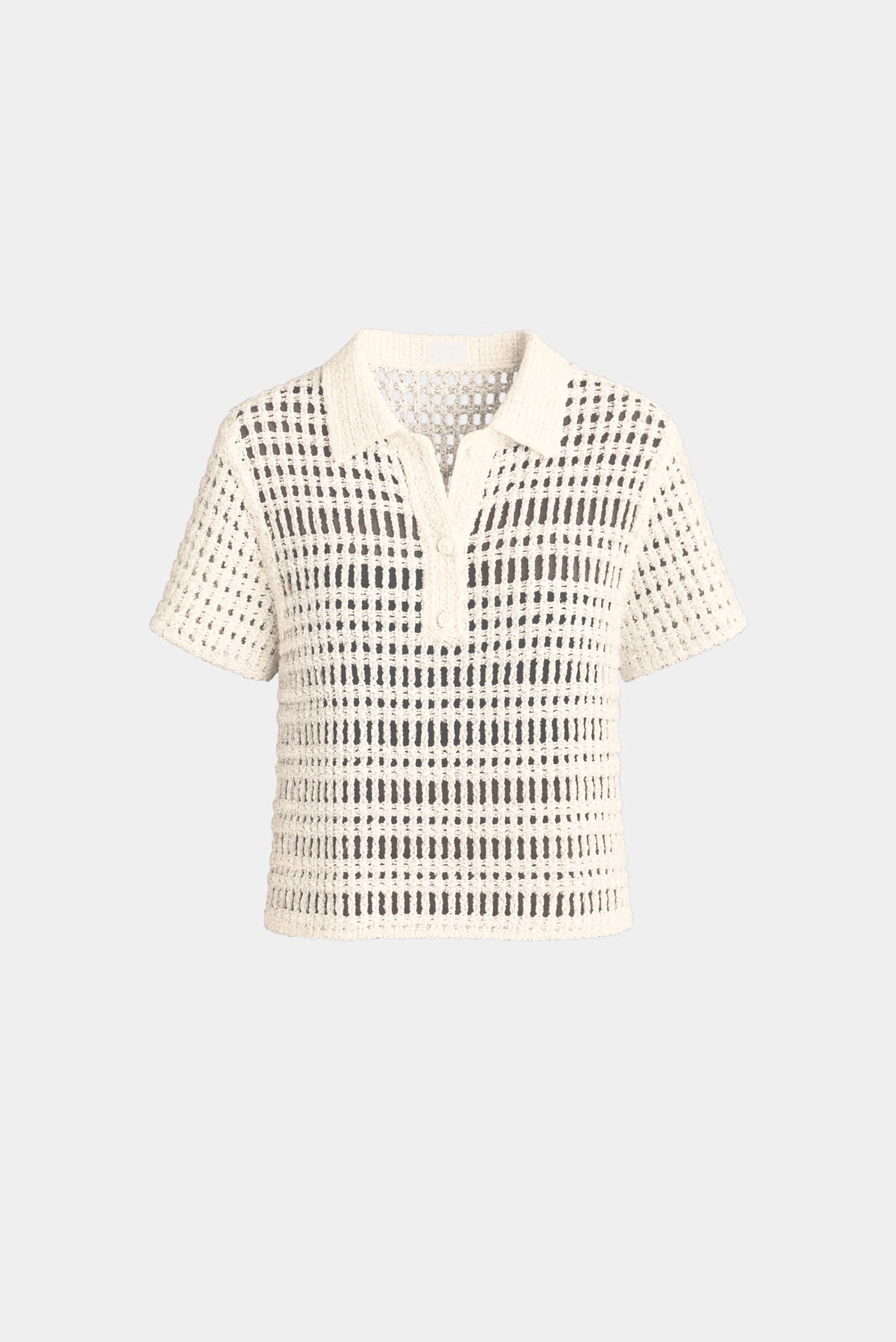 Camisa polo em tricot Helena Gaia off white com trama vazada e manga curta