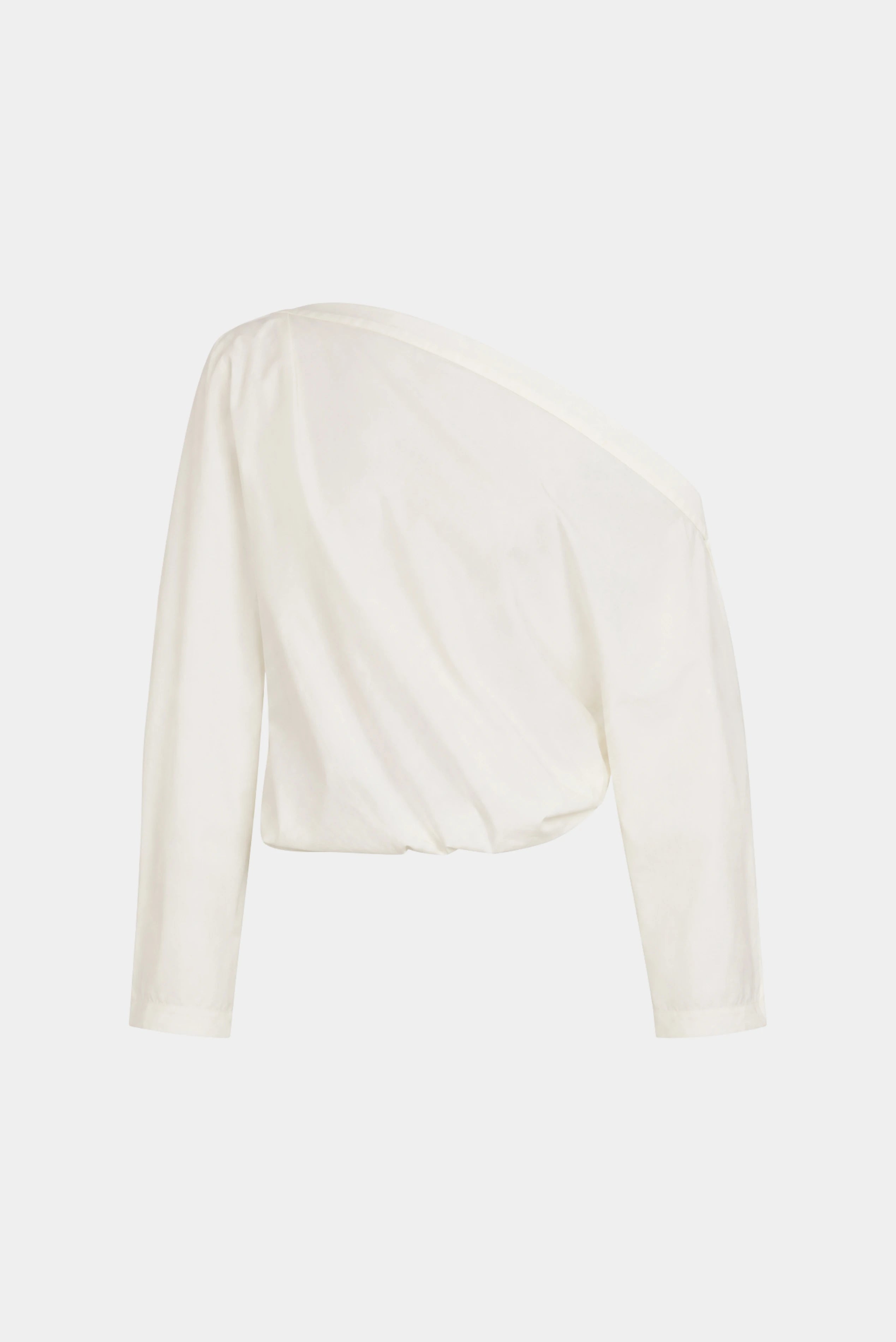 Blusa Sara em tricoline off white com decote ombro a ombro e mangas longas