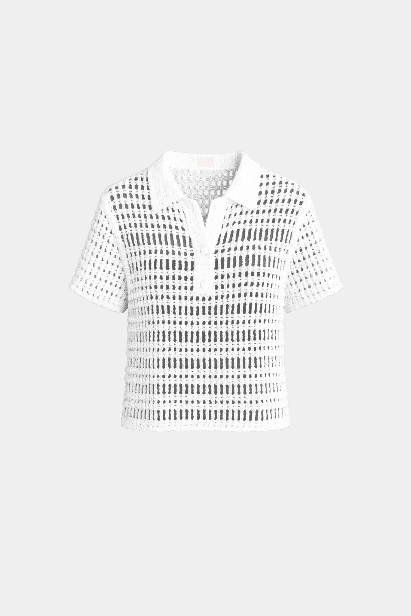 Camisa polo em tricot Helena Gaia branca com trama vazada e manga curta