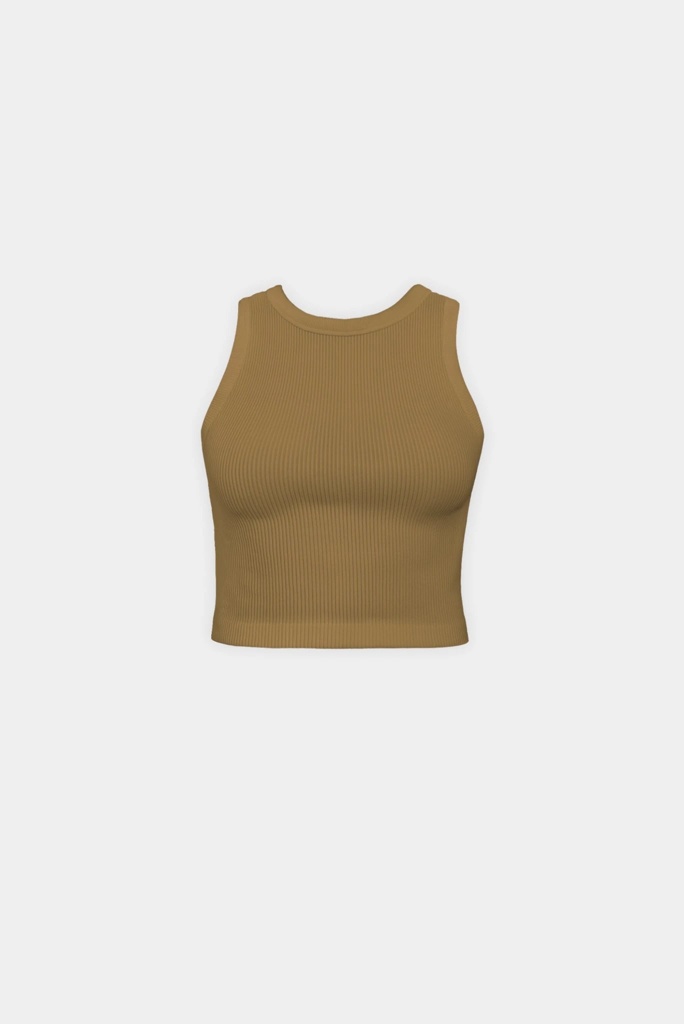 Regata cropped canelada caramelo Kim Gaia com gola alta e modelagem ajustada