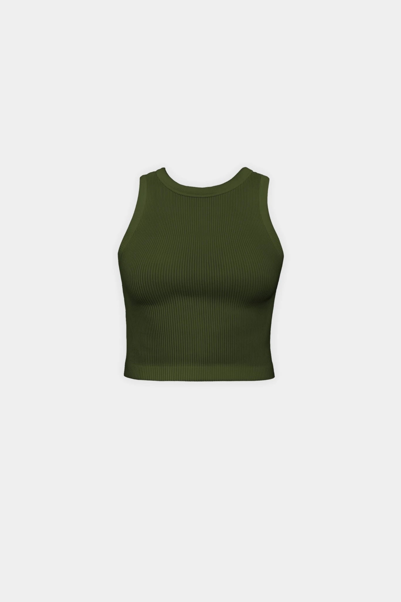 Regata cropped canelada verde militar Kim Gaia com gola alta e modelagem ajustada
