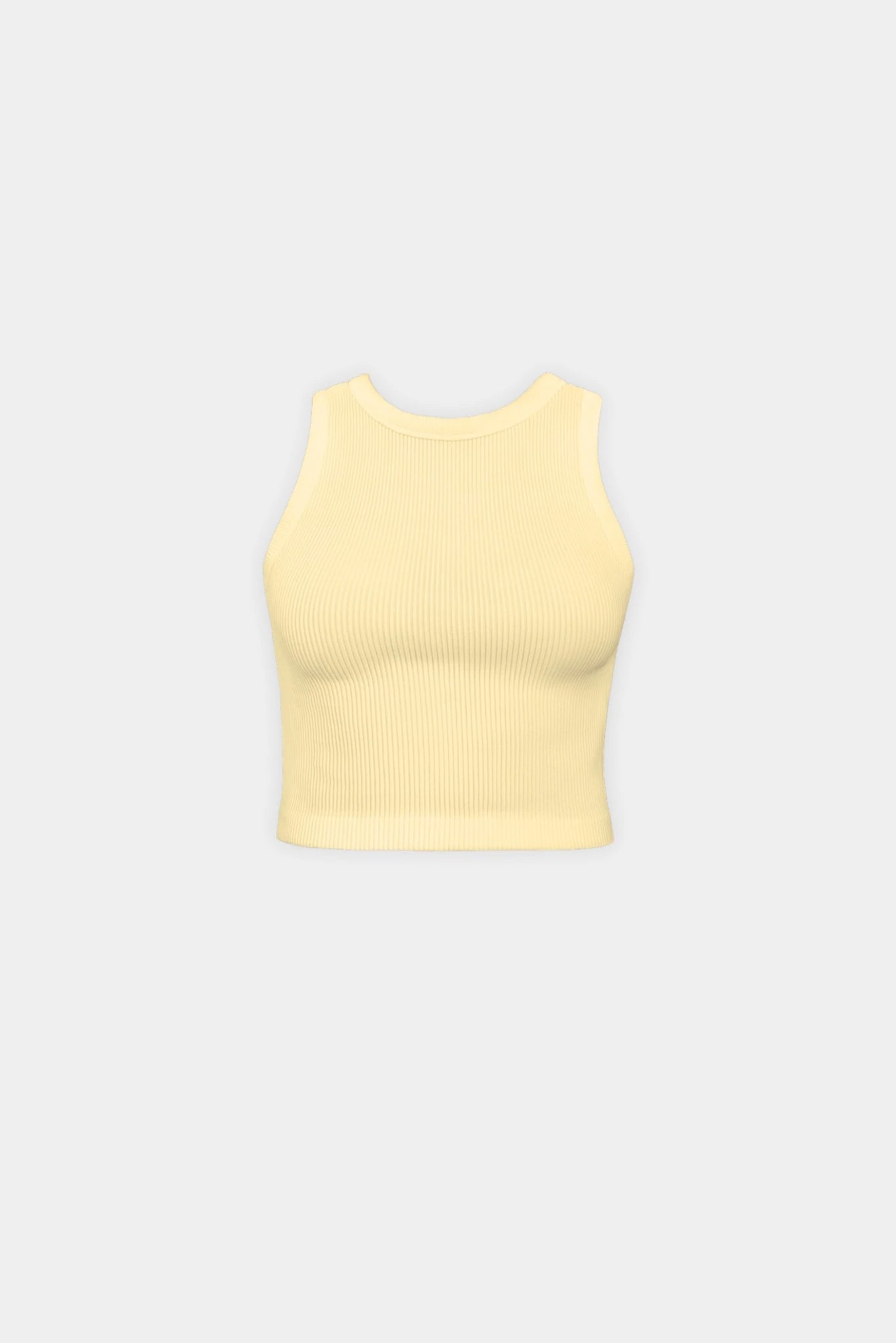 Regata cropped canelada amarelo claro Kim Gaia com gola alta e modelagem ajustada