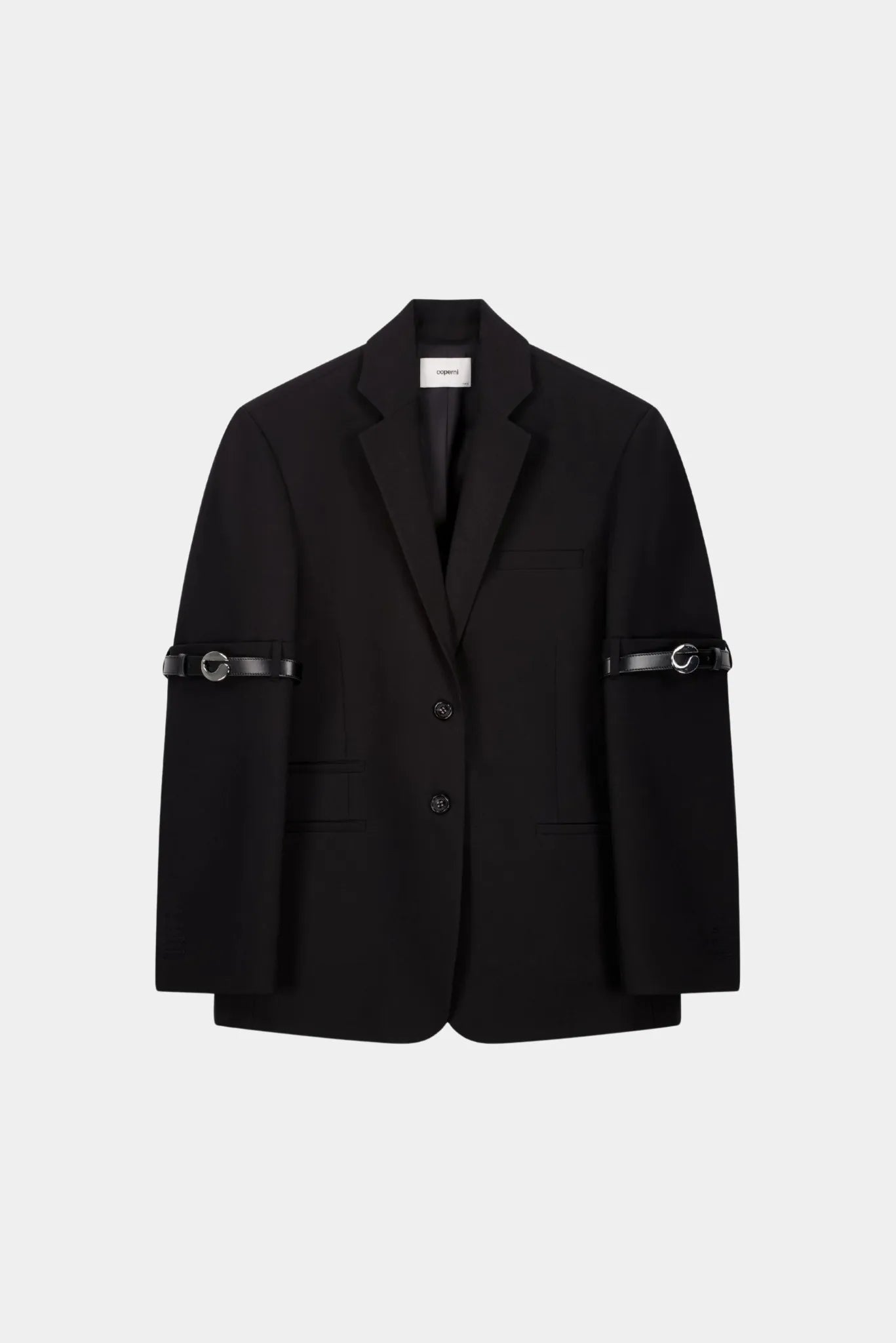 Blazer preto de alfaiataria Coperni com detalhe de tiras nas mangas