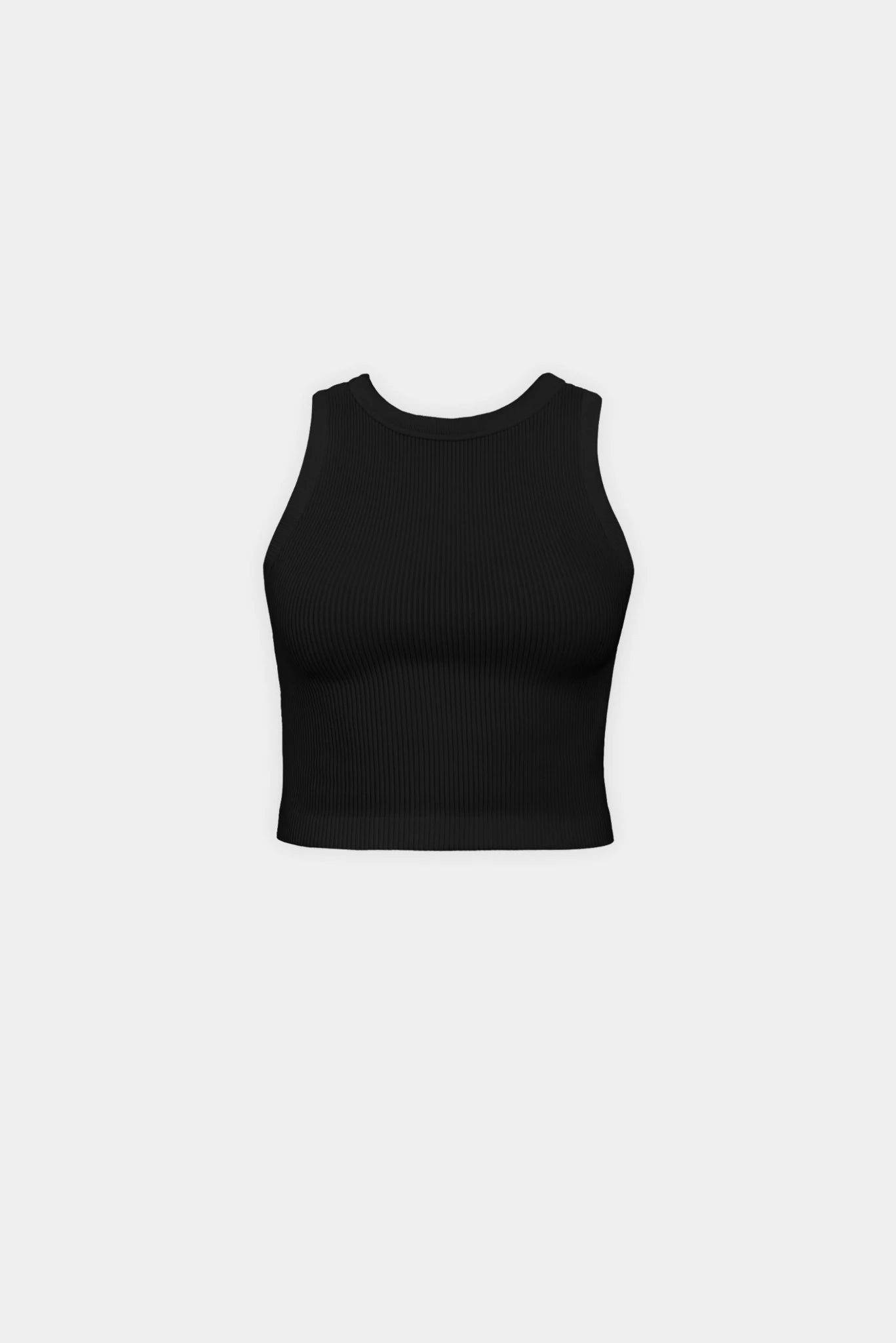 Regata cropped canelada preta Kim Gaia com gola alta e modelagem ajustada