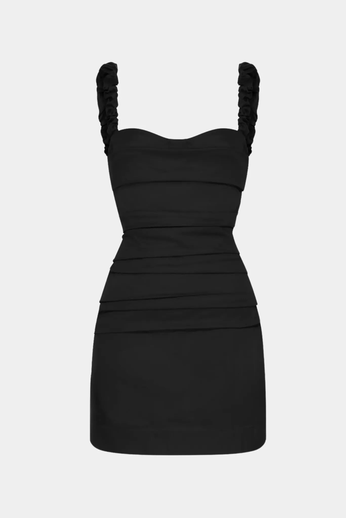 Vestido Curto Lipa Gaia preto com alças franzidas e detalhe drapeado na cintura