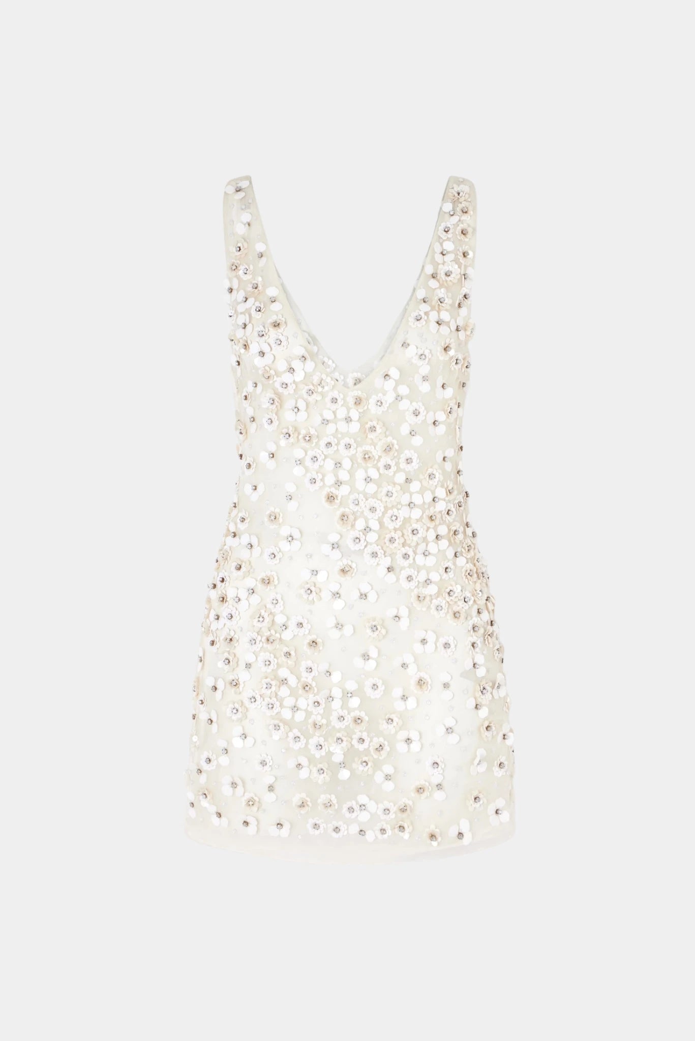 Vestido mini bege com aplicações florais 3D e decote profundo em V