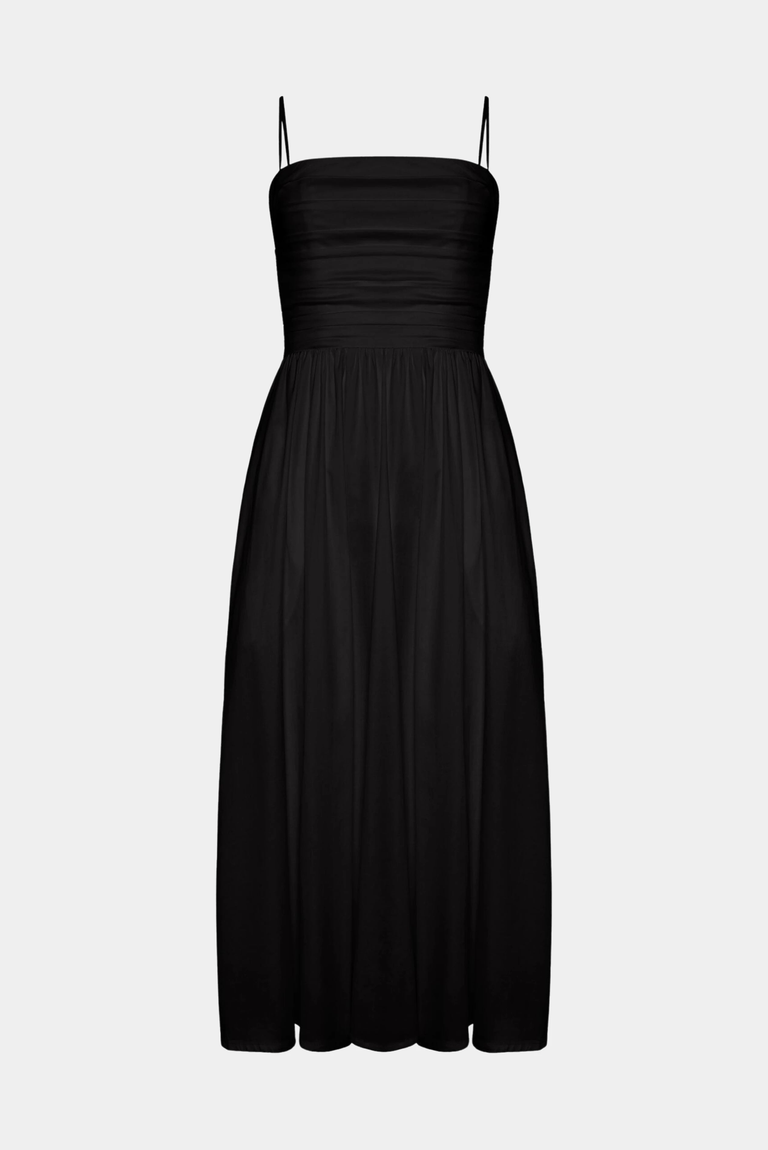 Vestido Midi Drapeado Sophie Gaia preto com corpo franzido e modelagem elegante