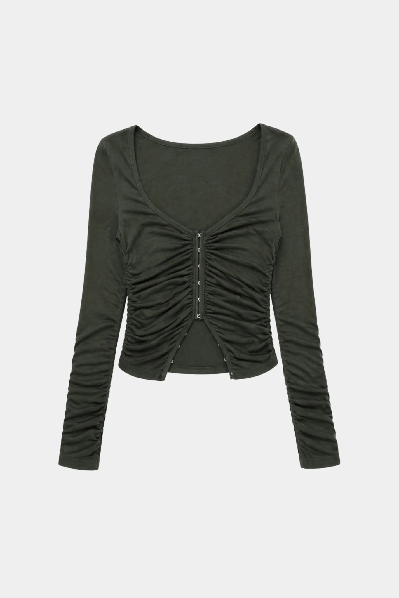 Blusa verde escuro de mangas longas com drapeado frontal e abertura central