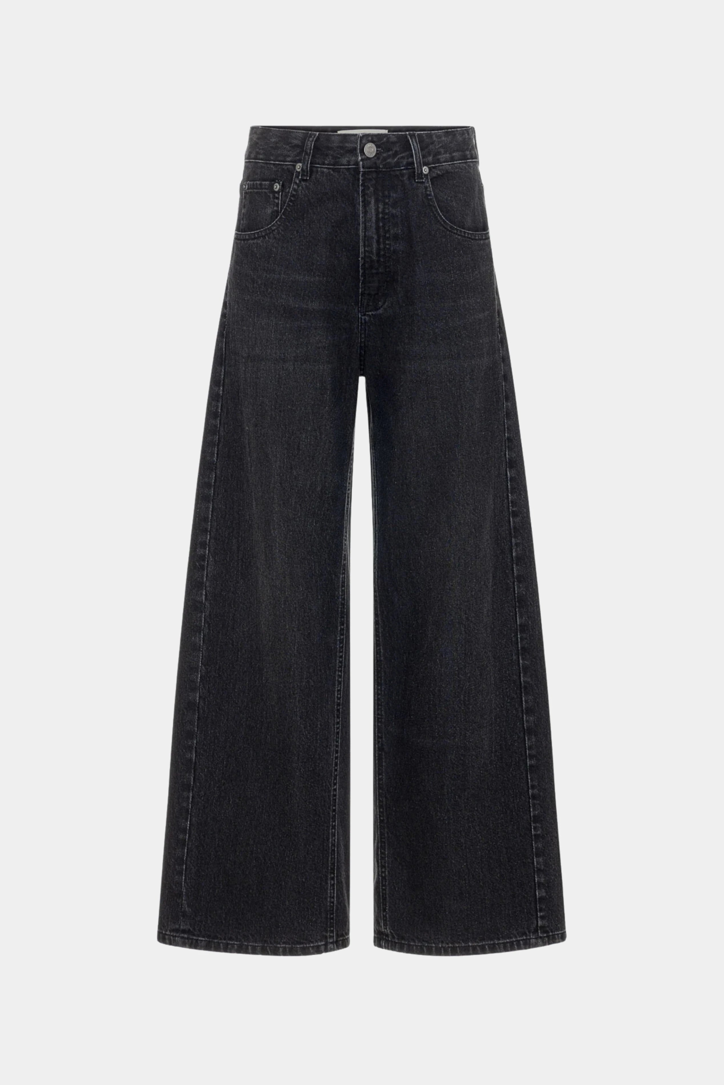Calça jeans wide leg azul escuro com cintura alta e modelagem ampla