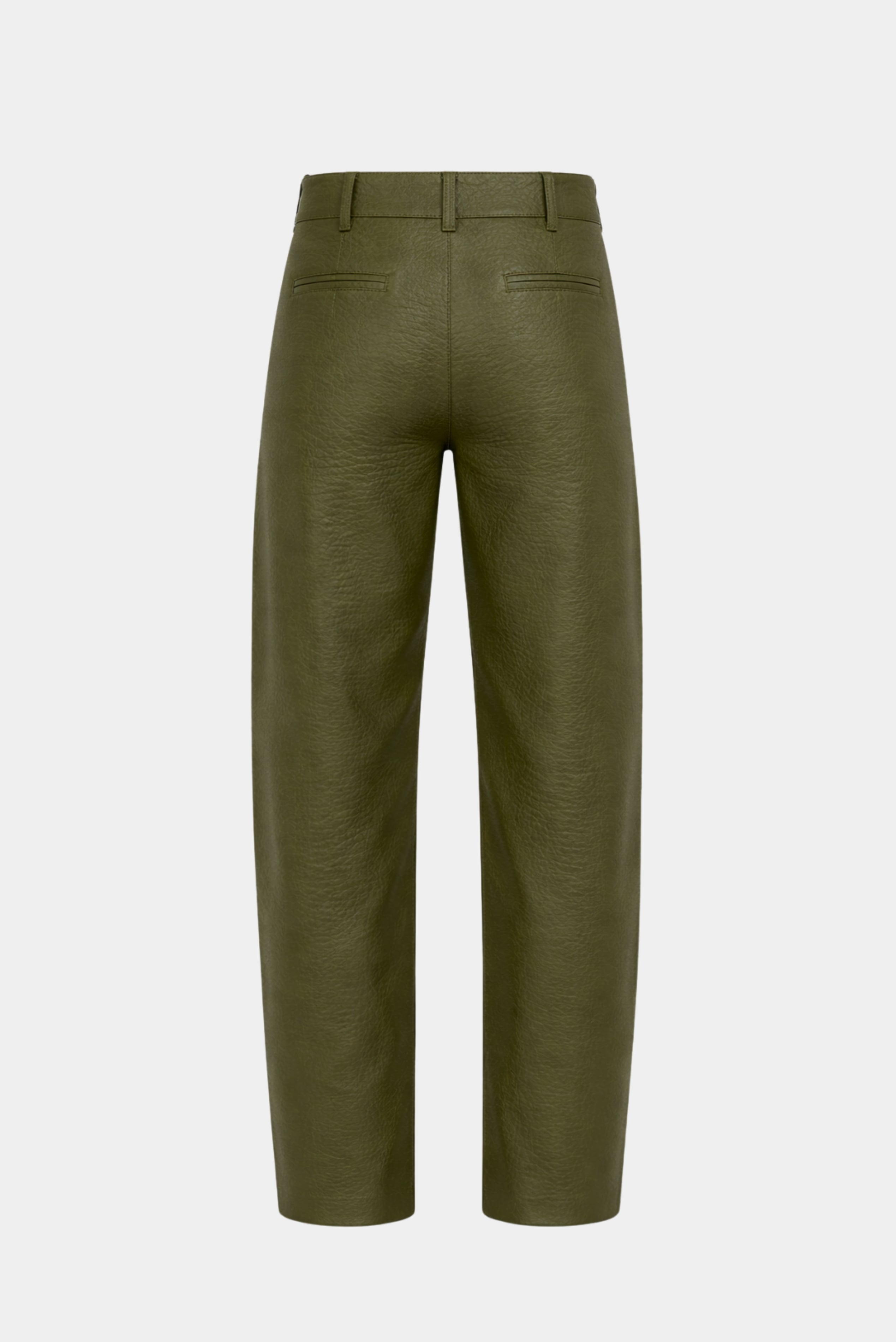 Vista traseira da Calça Barrel Couro Philo MR verde com modelagem afunilada e bolsos embutidos